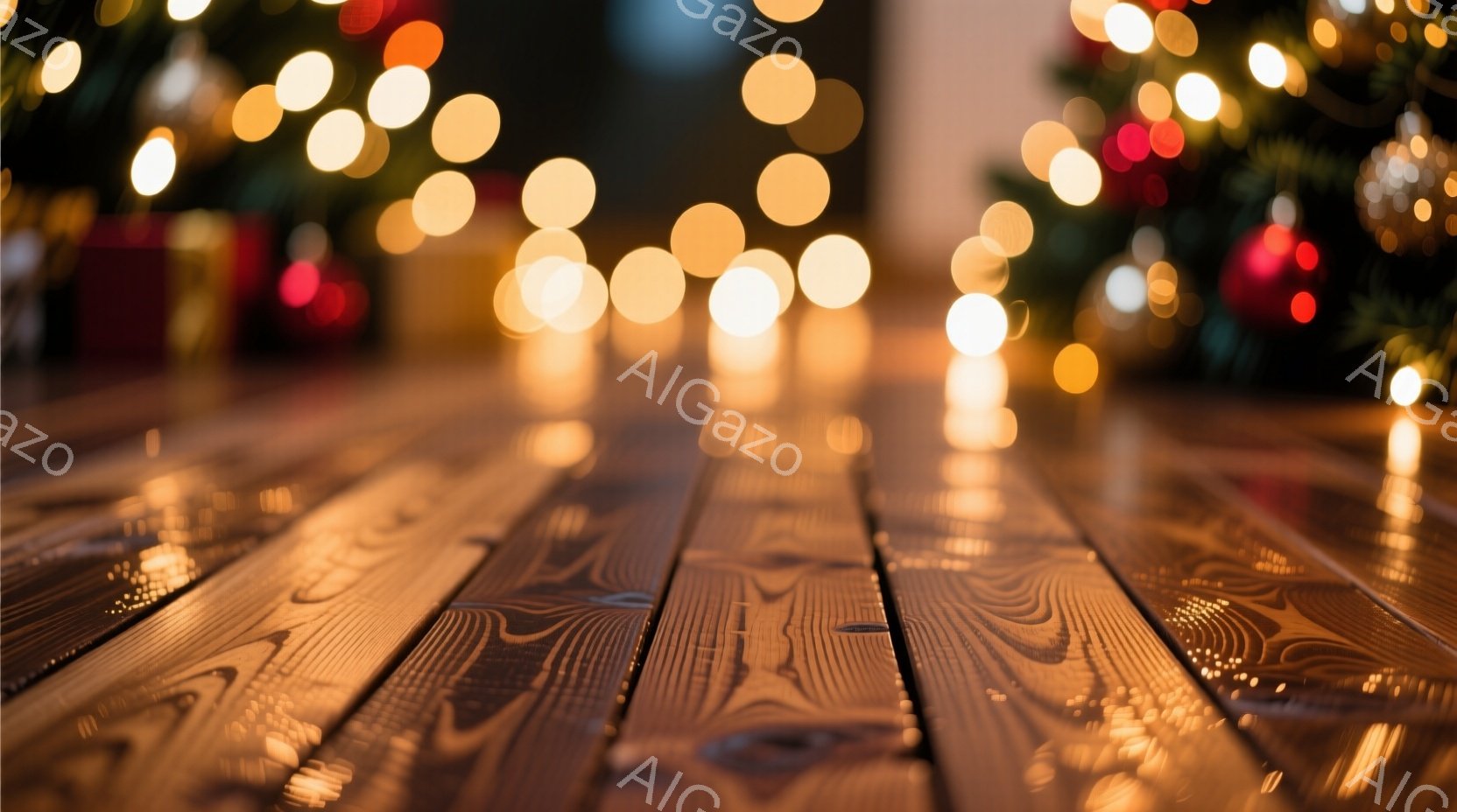 温かみのある木製のテーブルが手前に広がり、背景にはぼやけたクリスマスツリーの光が輝いている。光は丸く柔らかく、まるで星のようにきらめき、温かく心地よい雰囲気を醸し出している。クリスマスや冬のホリデーシ - AI生成フリー素材