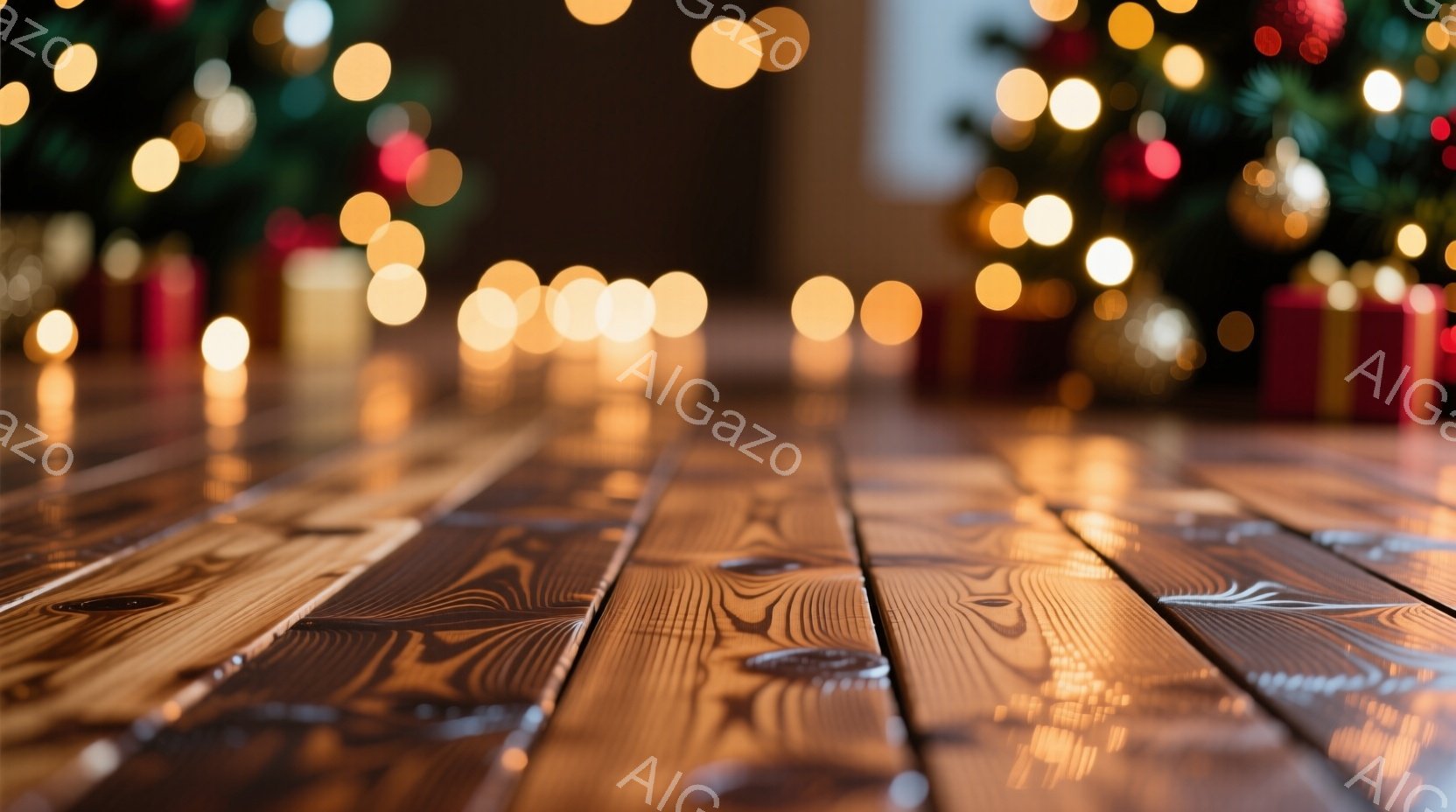 濃い茶色の木製の床が手前に広がり、その奥にはぼやけたクリスマスツリーとプレゼントが見えます。ツリーは様々な色の光で飾られており、暖かい雰囲気を醸し出しています。背景は暗く、光がぼんやりと光ることで、お - AI生成フリー素材