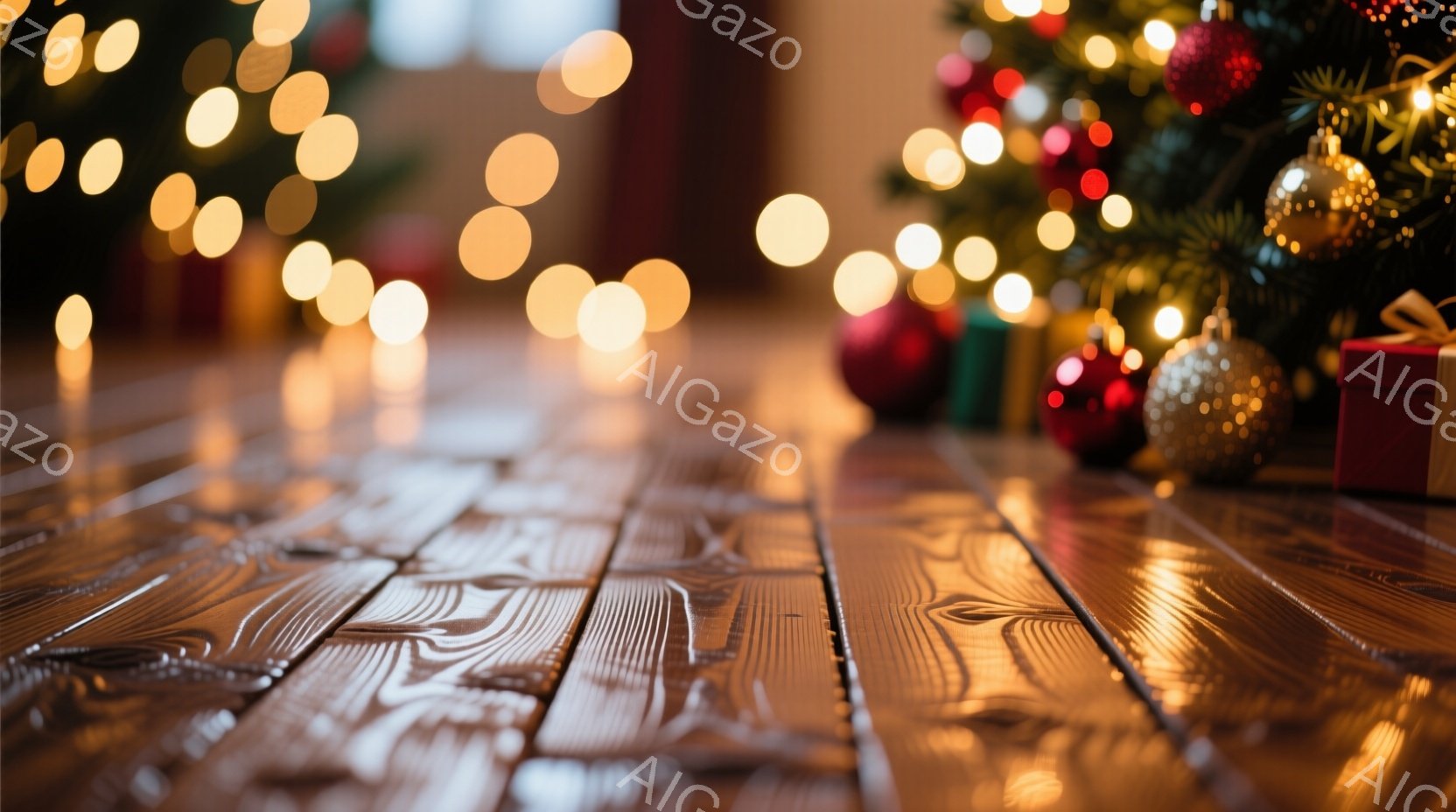 暖炉のそばの木の床に、ぼやけたクリスマスツリーとプレゼントが写っています。ツリーは赤や金の飾りで飾られ、プレゼントは赤と緑の色調で、全体的に温かくお祝いの雰囲気を醸し出しています。ぼやけた背景が奥行きを与え、クリスマスの暖かさと喜びを表現しています。