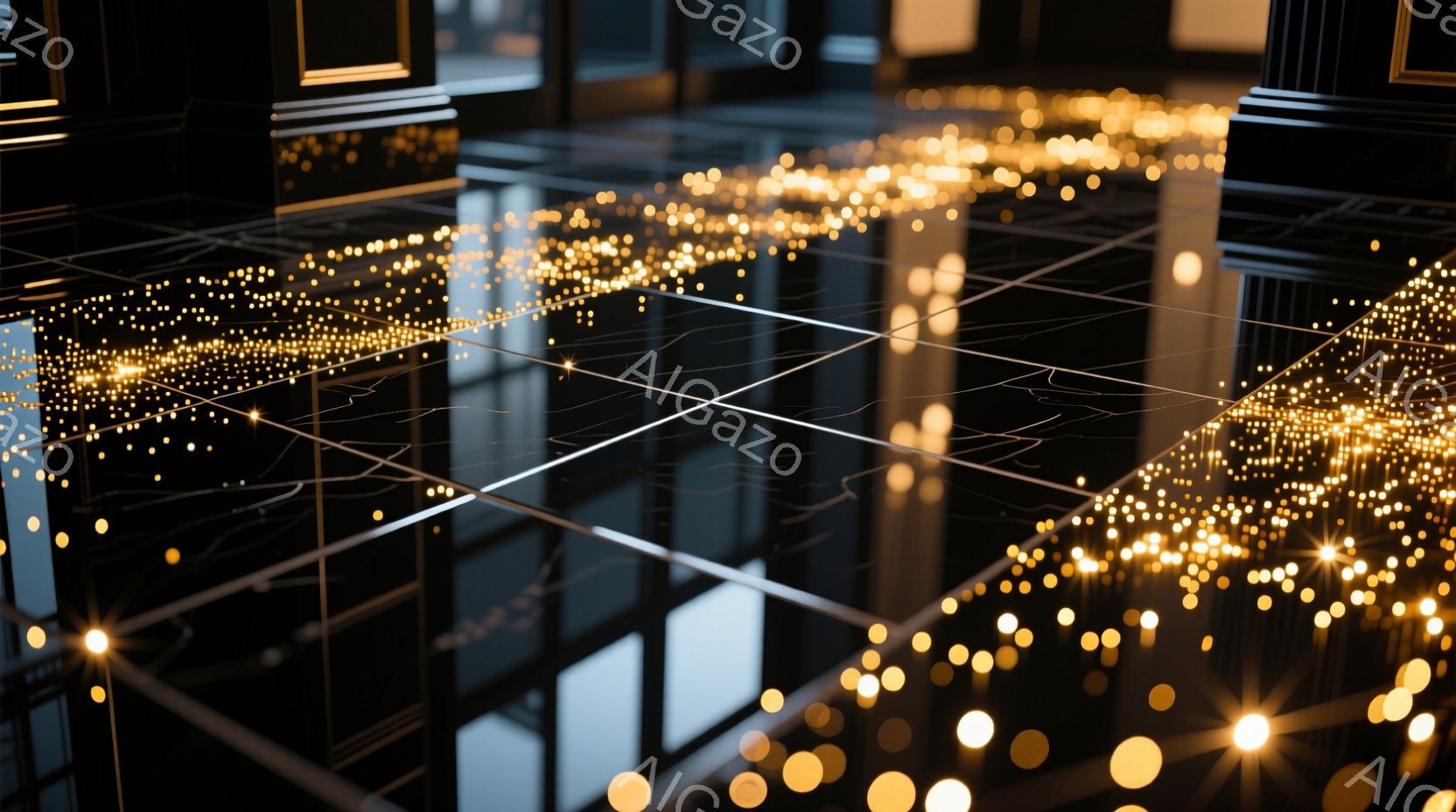 真っ黒な床が鏡のように光を反射し、無数の金色の光の粒子が床全体に散らばっている様子が描かれている。床の模様はタイル状で、左右には白い柱が立っている。全体的に幻想的で、光の粒子がまるで星空のように床を彩り、静謐な雰囲気を醸し出している。