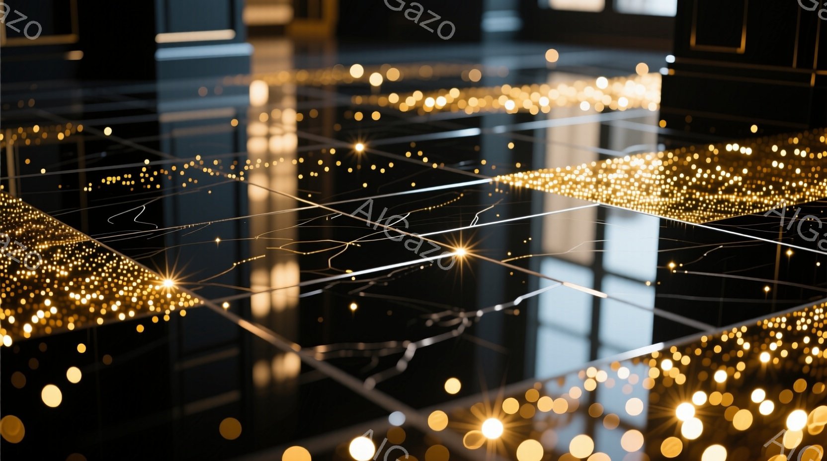 この画像は、黒い大理石のような床面が特徴的で、無数の金色の光の粒子が舞い散っている様子が捉えられています。光は床面を照らし出し、反射して幻想的な雰囲気を醸し出しています。背景にはぼんやりとした構造物が - AI生成フリー素材