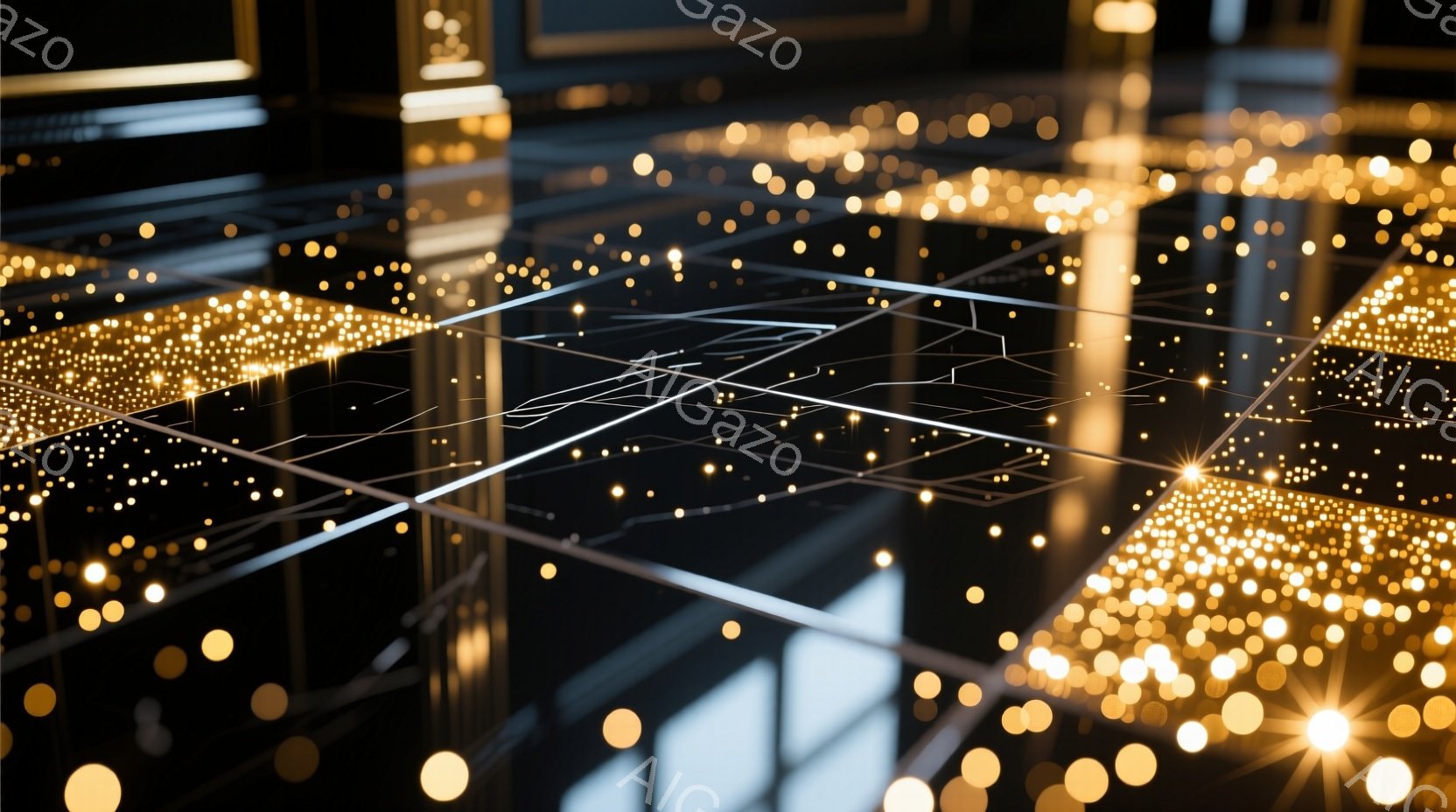 画像は、黒い床に金色の光点が無数に散りばめられた抽象的な光景を描いています。細い金色の線が床面を網の目のように走り、光点を繋ぐように見えます。背景にはぼんやりとした金色の光の帯が立ち並び、全体的に幻想的で未来的な雰囲気を醸し出しています。