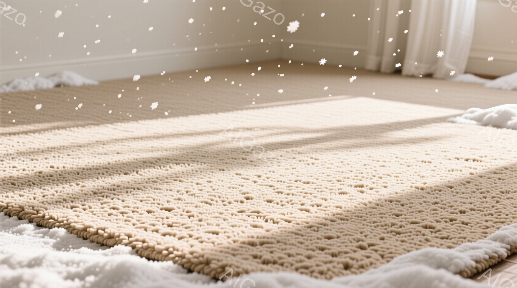 明るい室内で、ベージュ色の厚手のニットのようなラグが広がっています。窓からは柔らかい光が差し込み、ラグに陰影を作り出しており、ほっこりとした温かい雰囲気が感じられます。白く小さな雪の模様がラグの近くで舞い上がっている様子が、冬の穏やかな日差しを思わせます。