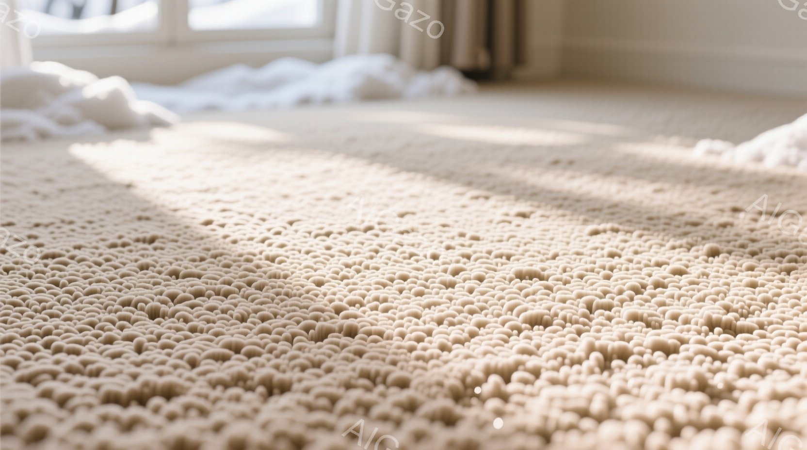 画像は、毛足の長いクリーム色のカーペットのクローズアップで、柔らかい光が当たっています。背景にはぼやけた窓枠と、おそらく部屋の一部が見え、全体的に穏やかで温かい雰囲気です。 カーペットのテクスチャが強 - AI生成フリー素材