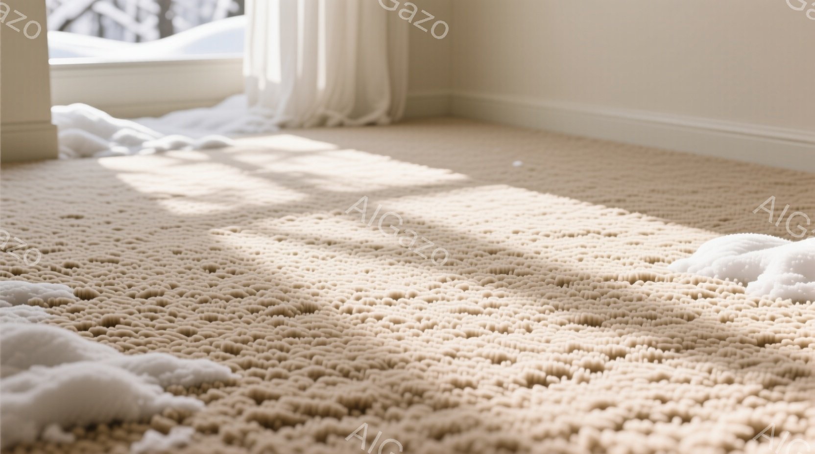 室内には、厚手のベージュ色のカーペットが広がっており、窓辺には雪が積もっている様子がうかがえる。光が差し込み、カーペットのテクスチャが際立っており、暖かく穏やかな雰囲気が漂っている。雪の白さとカーペットのベージュ色が組み合わさり、冬の静けさと安らぎを感じさせる。