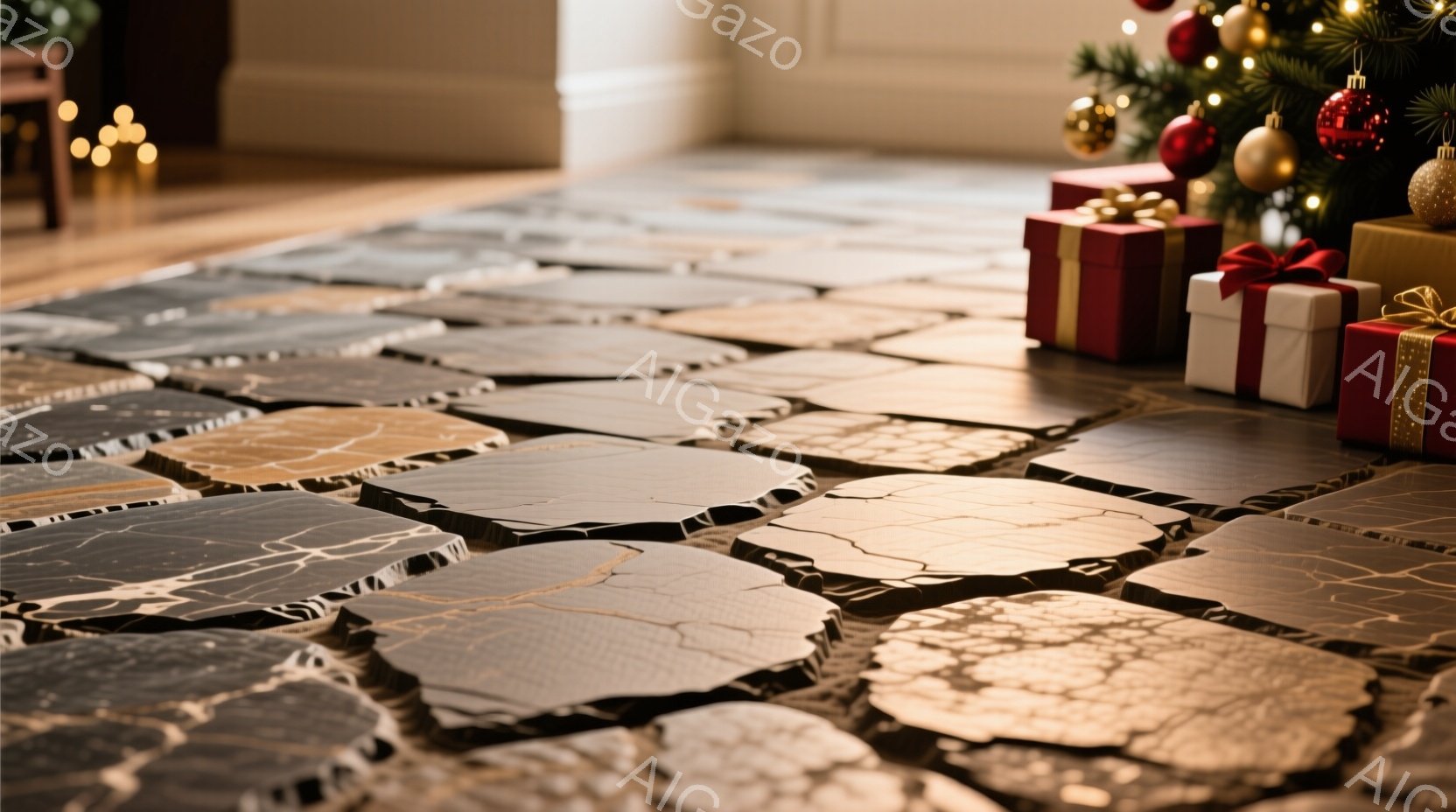 暖炉のそばに敷かれた、不規則な形の黒と金色のタイルが特徴的な床です。クリスマスツリーと、赤と金色のリボンで飾られたプレゼントボックスが、暖かく華やかな雰囲気を醸し出しています。背景にはぼんやりと室内の一部が見え、ホリデーシーズンの温かい家庭的な光景が表現されています。