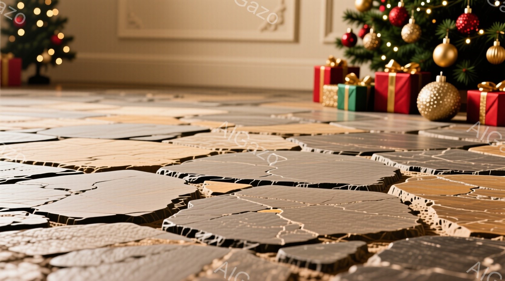 これは、木製の円盤のようなものが不規則に並んだ床のクローズアップ写真です。背景には、クリスマスツリーとラッピングされたプレゼントが見え、暖かくお祝いの雰囲気が漂っています。光沢のある床とクリスマス装飾が、豪華で贅沢な印象を与えます。