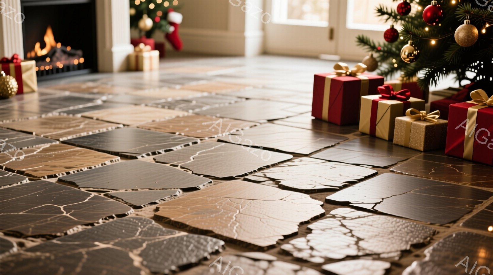 暖炉とクリスマスツリーが写る、落ち着いた雰囲気の室内です。床は不規則な形をした石板で覆われ、ツリーの下には赤と金のラッピングペーパーで包まれたプレゼントが置かれています。暖炉の火の光と、クリスマスツリーの装飾が、温かく、お祝いムードを醸し出しています。