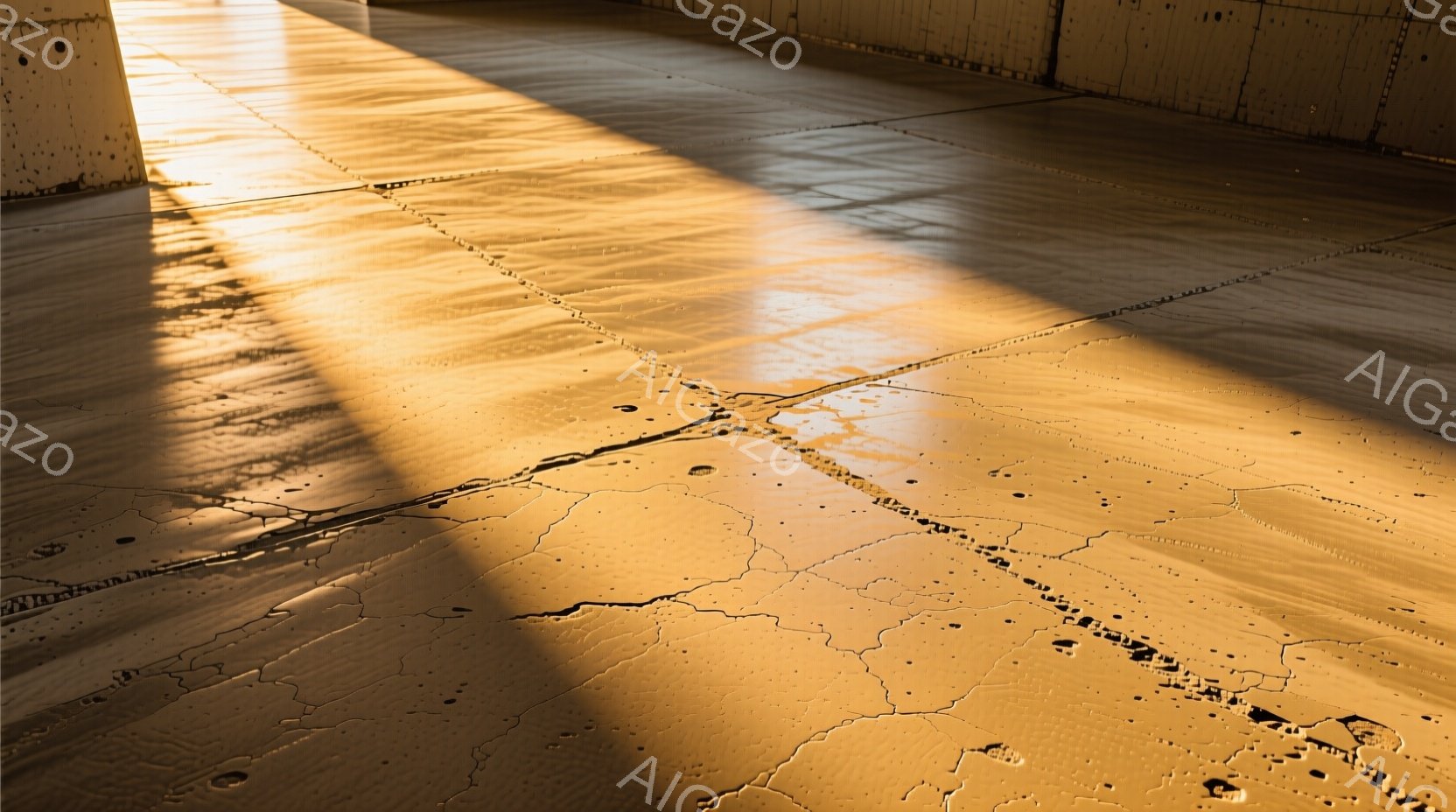 ひび割れたコンクリートの床面が、強い斜光によって照らされている。ひび割れは複雑な網の目のように広がり、床の一部には水溜まりが見られる。全体的に荒涼とした、静寂に包まれた雰囲気が漂っている。