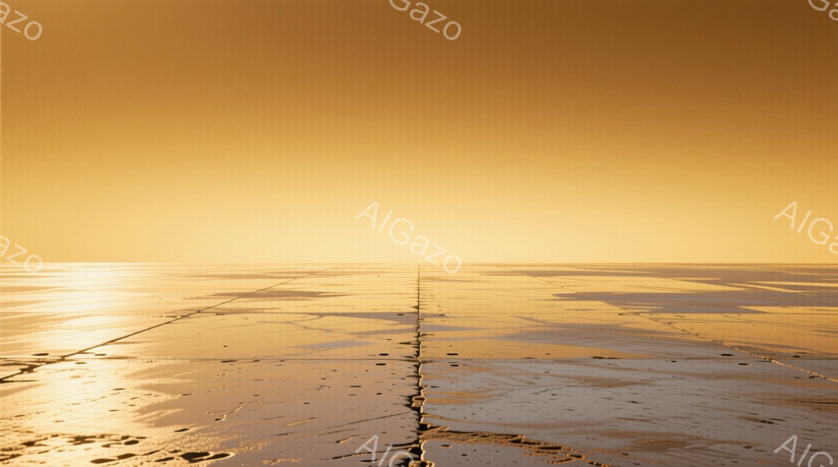 広大な砂浜が夕日に照らされ、黄金色に輝いている。砂浜には、水平線に向かって伸びる細い溝が刻まれており、潮の流れがうかがえる。全体的に穏やかで静謐な雰囲気が漂い、時間が止まったかのような感覚を覚える。