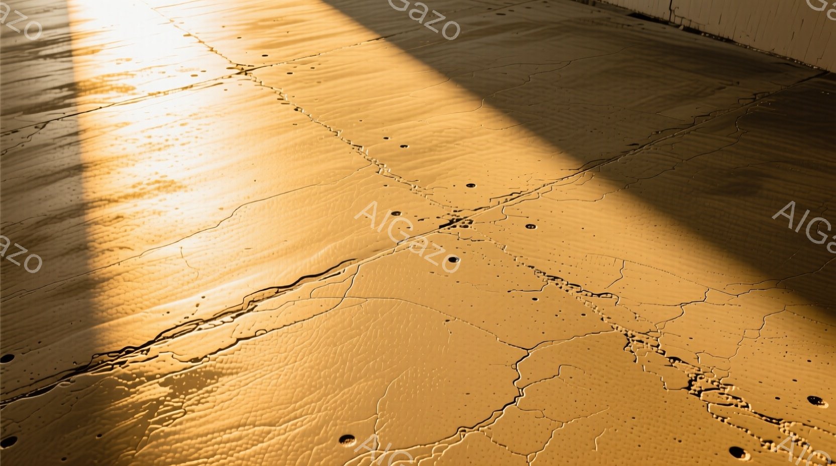 地面にはひび割れが走り、乾燥した土のような質感が強調されている。光の強いあたりと影のコントラストが、荒涼とした風景を思わせ、ひび割れの中には水滴のようなものが点在している。全体的に暖色系のトーンで、乾いた土地の雰囲気と時間の経過を感じさせる。
