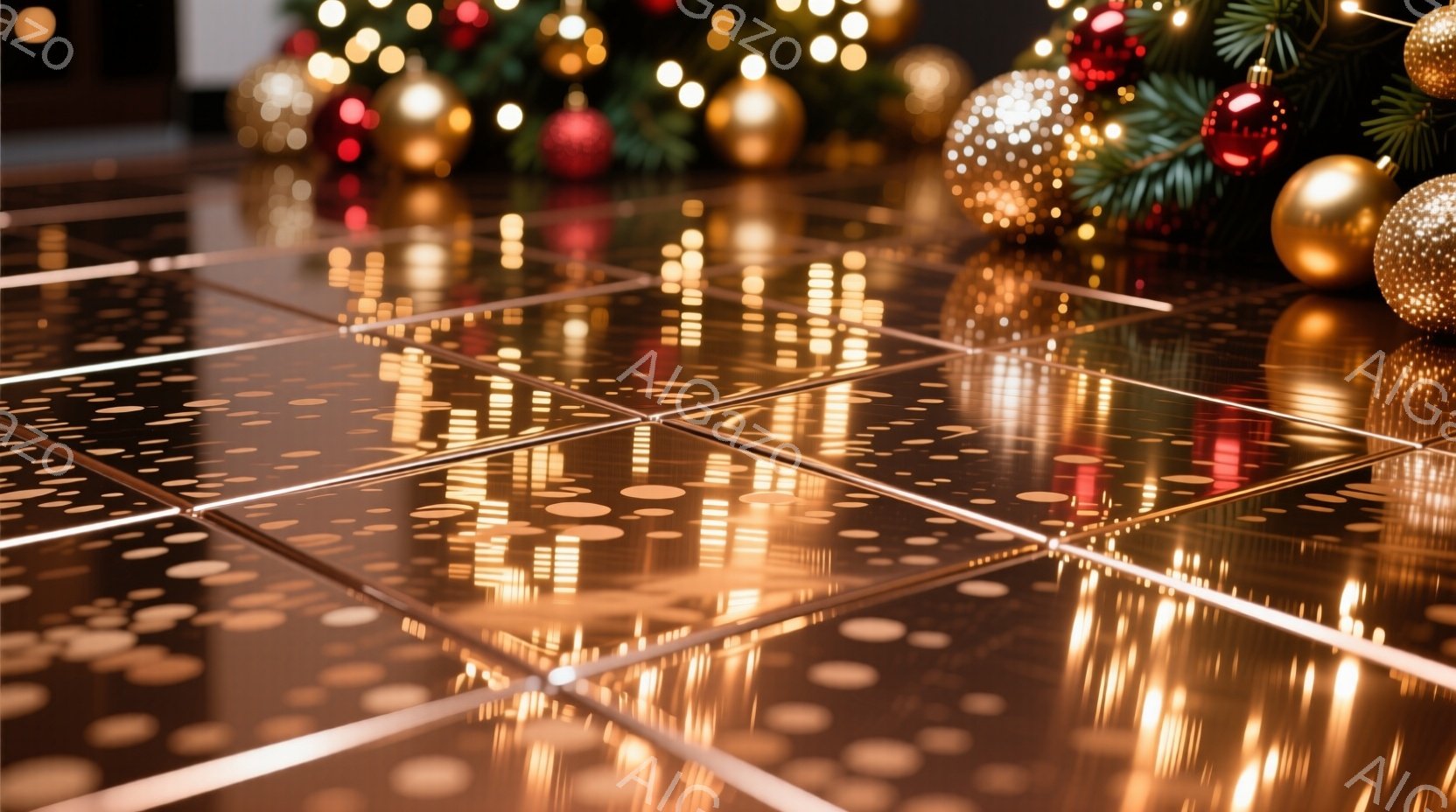 磨かれた暗色の床タイルが、暖色系のホリデーライトの鮮やかな反射を捉えています。背景には、飾られたクリスマスツリーと金色のオーナメントがぼやけており、お祝いの雰囲気を作り出しています。光の反射とホリデーデコレーションが組み合わさり、温かく幻想的なムードを醸し出しています。