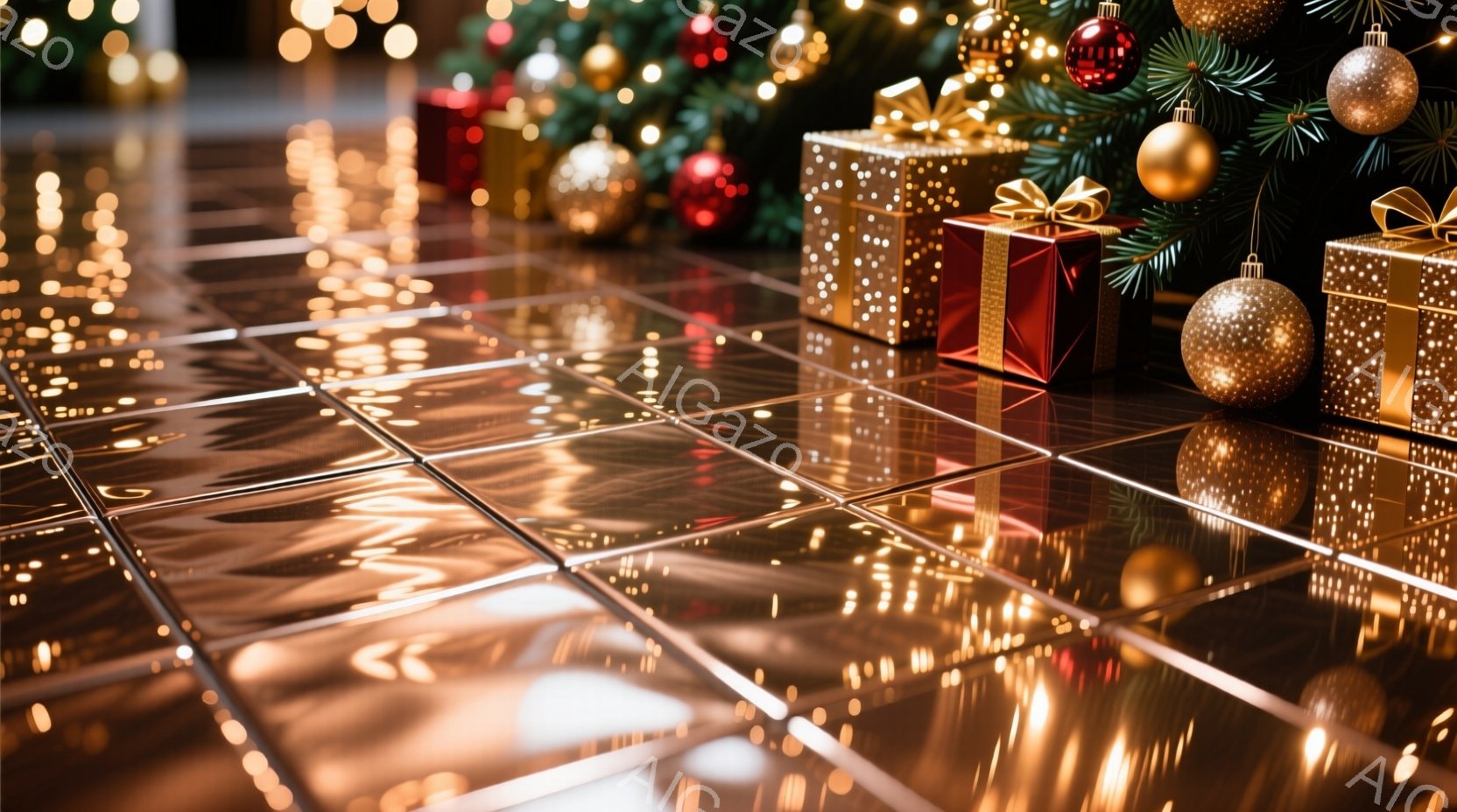 磨かれた床が、ぼやけた暖色系のライトの反射で輝いている。クリスマスツリーの緑と、ラッピングされたプレゼントの赤と金が、華やかな祭りの雰囲気を醸し出している。背景はぼやけており、焦点はプレゼントと床の反射に当てられている。