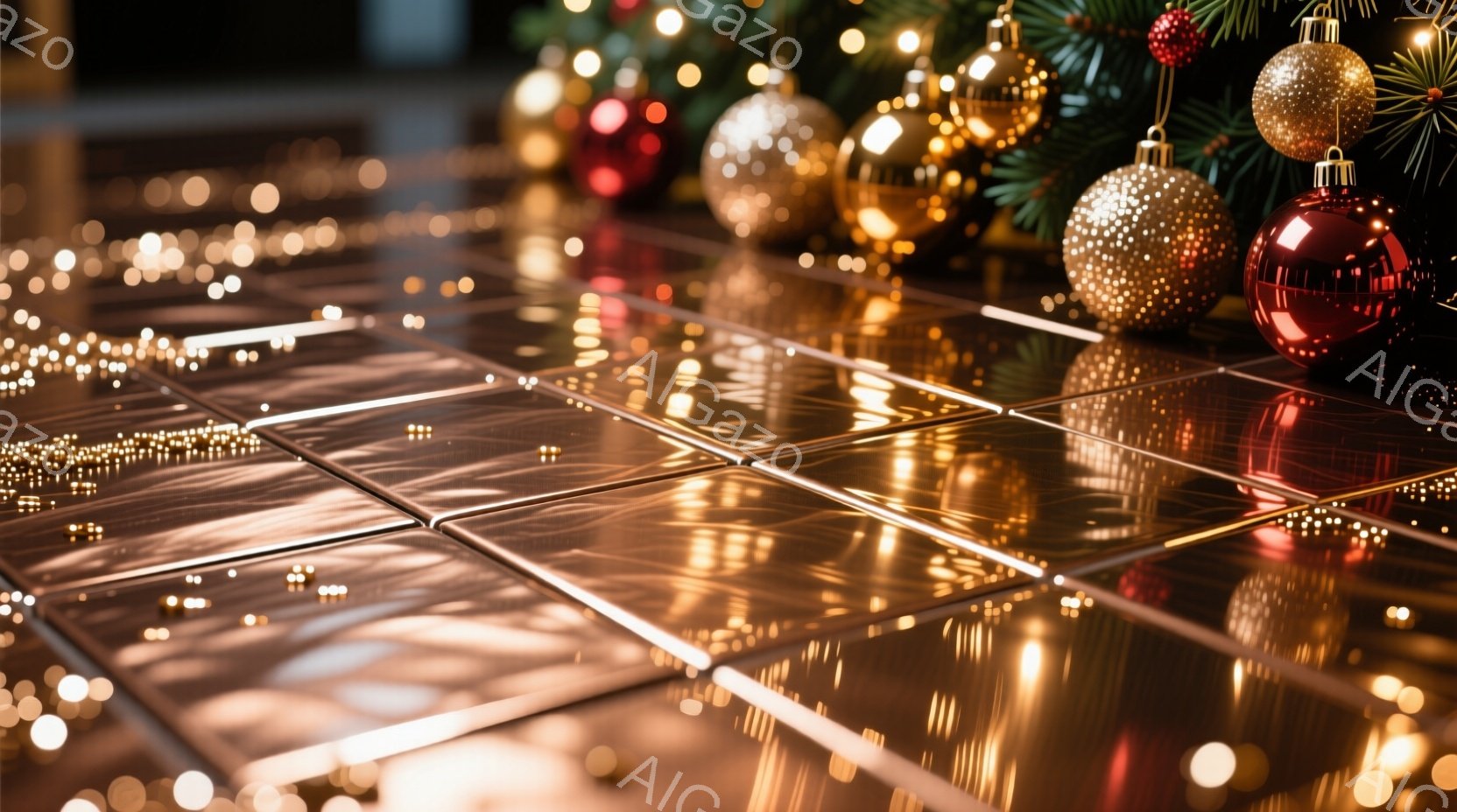 鮮やかなクリスマスオーナメントが、反射する床の上に置かれています。赤い、金色のボールがぼやけた背景の光の中で輝き、お祝いの雰囲気を醸し出しています。背景には暗緑色の葉が見え、暖かく、お祭り気分を盛り上げる光景です。