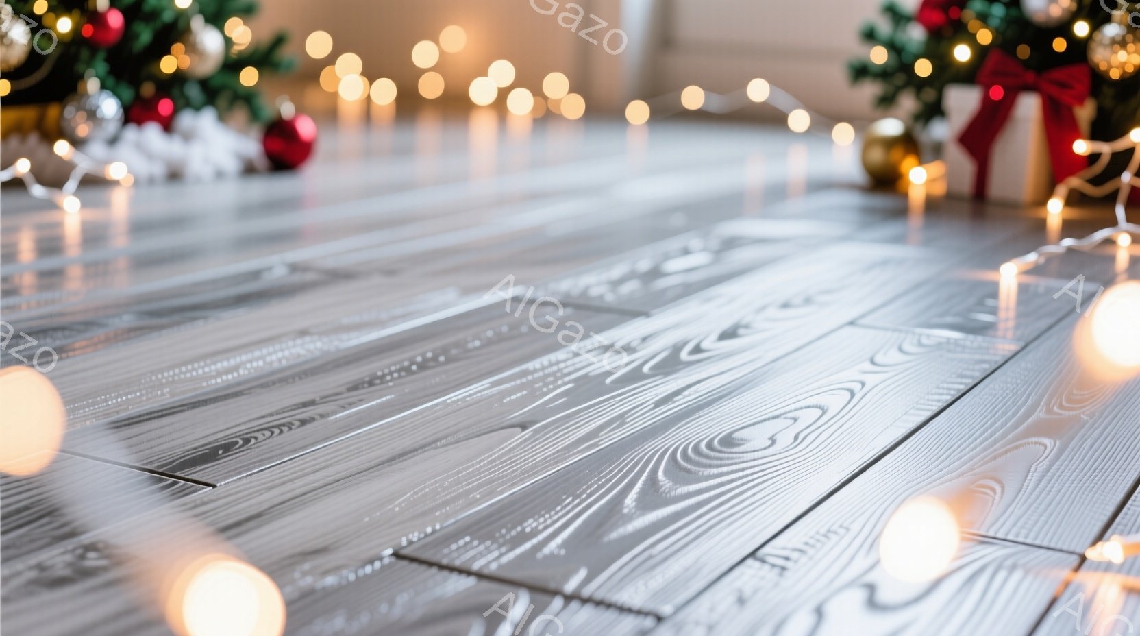 白い木目調の床に、ぼやけた電飾が散りばめられています。背景には、赤いリボンと緑の葉で飾られたプレゼントボックスが見え、クリスマスの暖かく穏やかな雰囲気を醸し出しています。全体的に明るく、ホリデーシーズンを感じさせる一枚です。