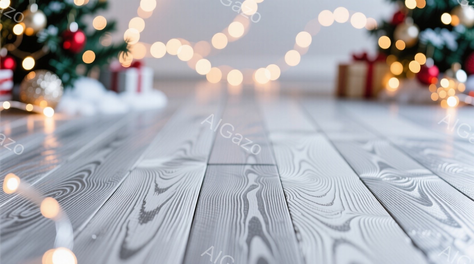 白い木の床が手前に広がり、背景にはクリスマスツリーとプレゼントがぼんやりと見えます。暖かい光のストリングライトが床の上を横切り、お祝いの雰囲気を高めています。全体的に、この画像は温かく、お祝いの気持ちに満ちたクリスマスの情景を表現しています。