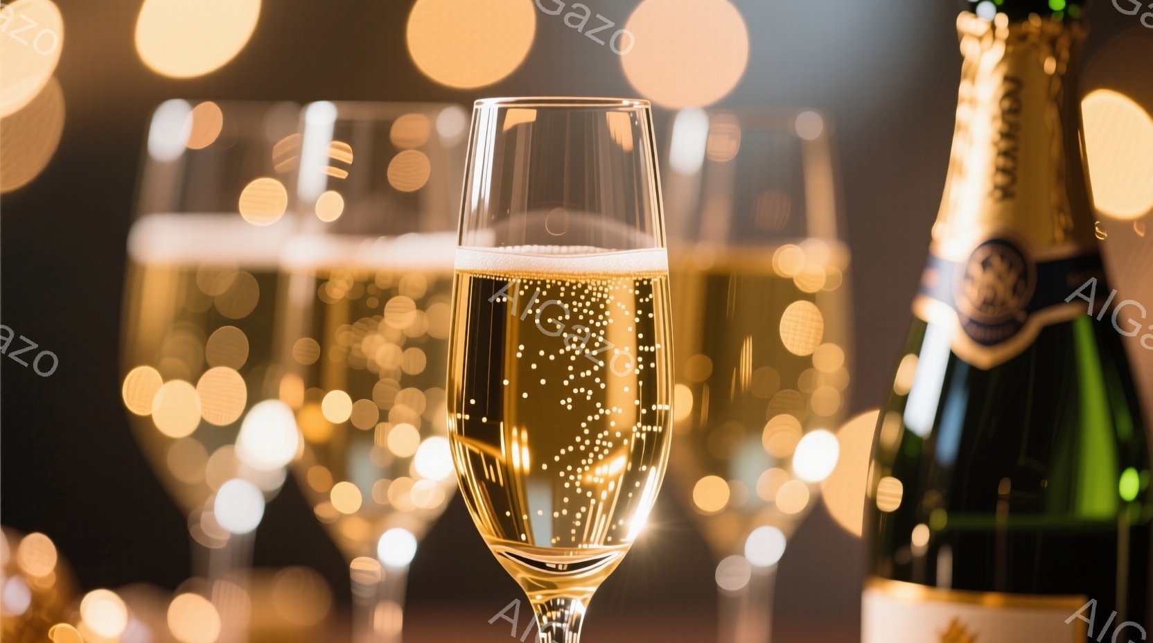 シャンパンがグラスに注がれ、泡が立ち上っている様子が捉えられています。背景にはぼやけた光の点々が散りばめられており、シャンパンボトルがわずかに見え、華やかで祝祭的な雰囲気を醸し出しています。全体的に暖色系の色調で、特別な機会やイベントを祝うシーンを想起させます。