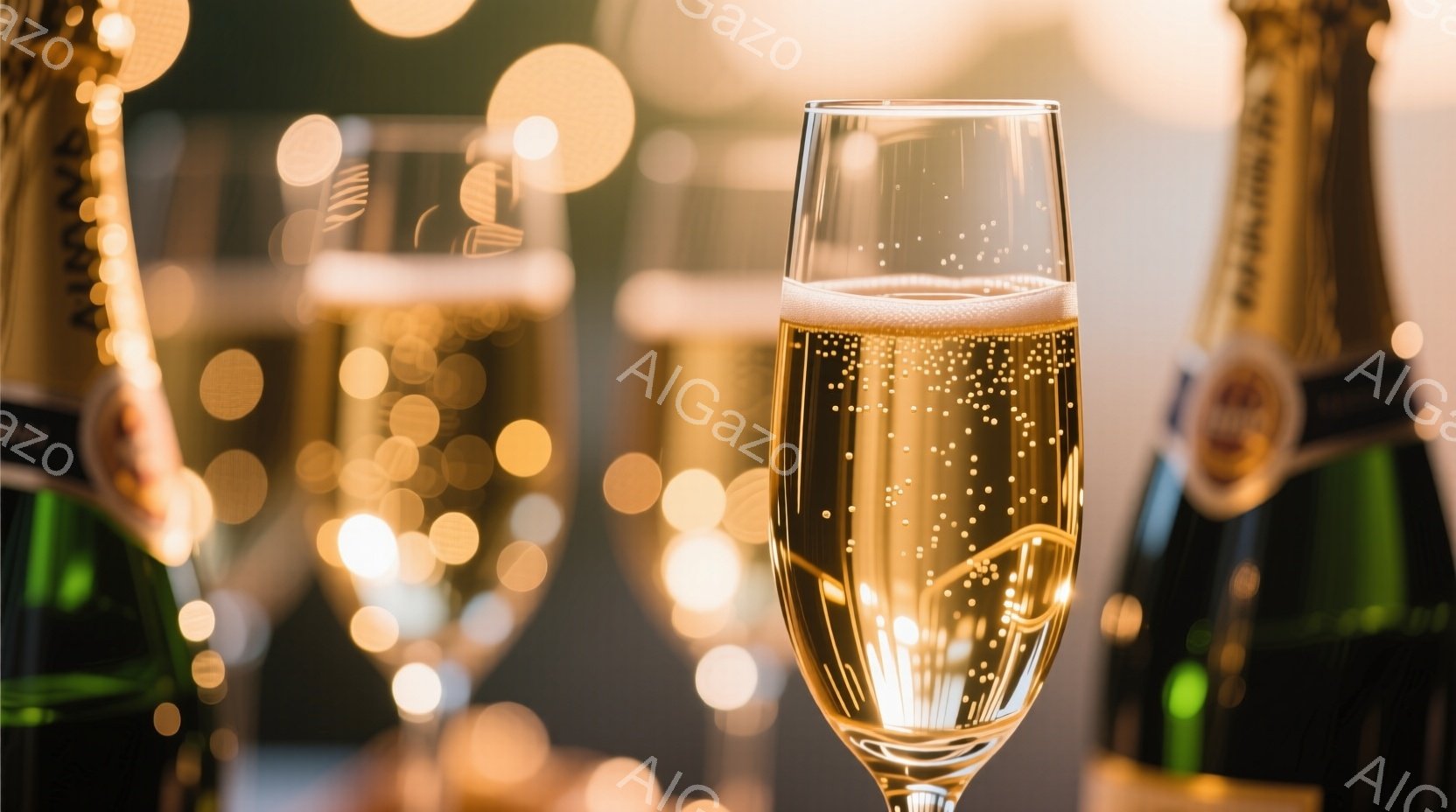 黄金色のシャンパンがグラスの中で泡立ち、きらめきを放っている。背景にはぼやけたシャンパンボトルがいくつか見え、暖かく華やかな雰囲気を醸し出している。全体的に、お祝いや特別な機会を連想させる、洗練されたイメージである。