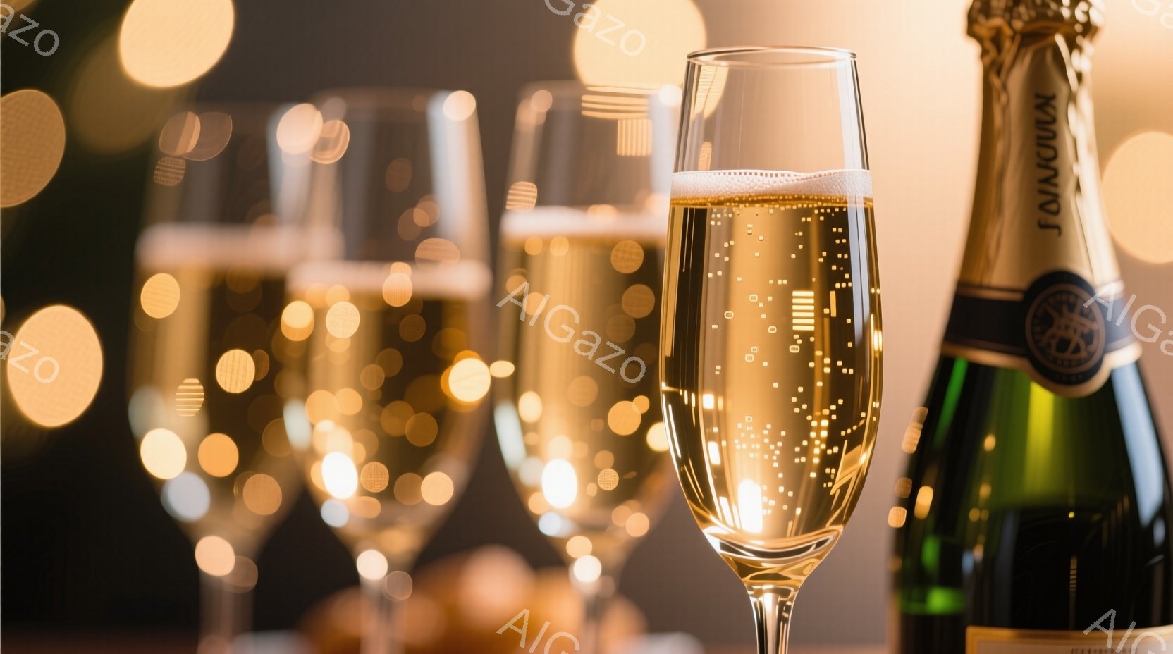 シャンパンがグラスに注がれており、グラスの中には細かい泡が立ち上っている様子が捉えられています。背景にはぼやけた光のぼかしがあり、お祝いや特別なイベントの華やかな雰囲気を醸し出しています。緑色のボトル - AI生成フリー素材