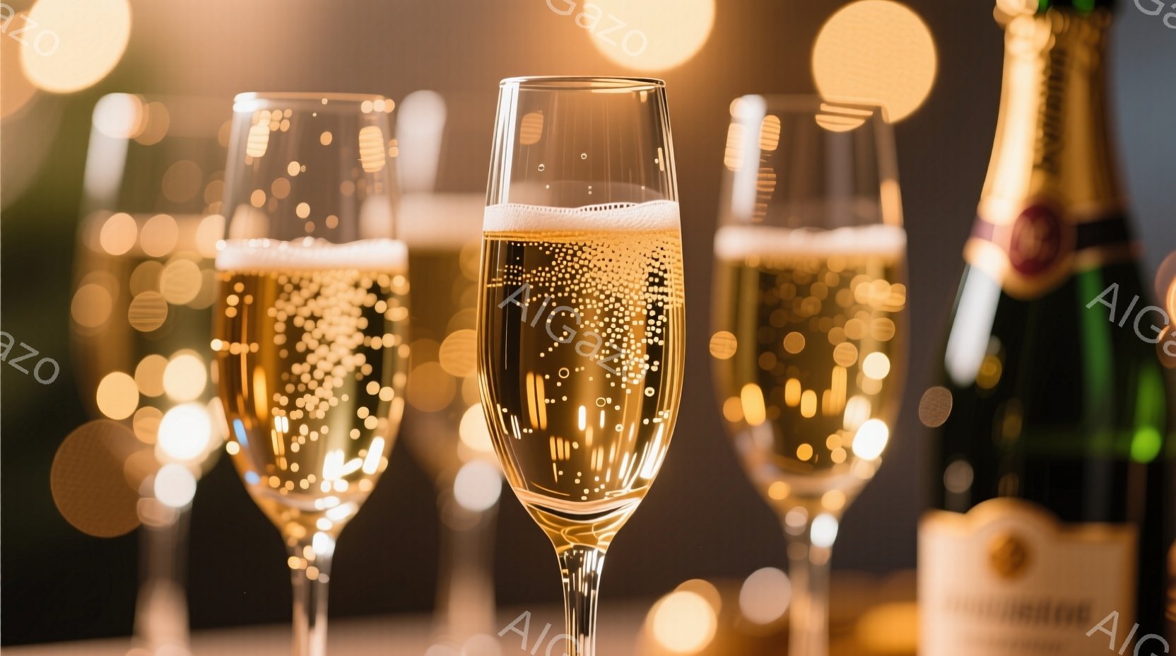 複数のシャンパングラスが焦点となっており、グラスの中にはきめ細かい泡が立ち上っている様子が捉えられています。背景にはぼやけた黄金色の光が散りばめられており、右端にはシャンパンボトルが置かれ、お祝いや特 - AI生成フリー素材