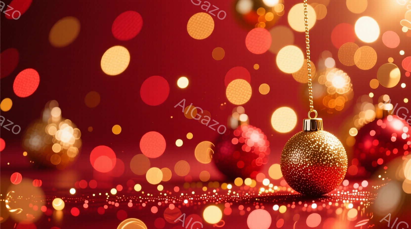 鮮やかな赤色の背景に、金色のオーナメントが浮かび上がっています。背景には、様々な大きさのぼやけた光の球体が散りばめられ、華やかで夢幻的な雰囲気を醸し出しています。オーナメントは微細な粒子で覆われており - AI生成フリー素材