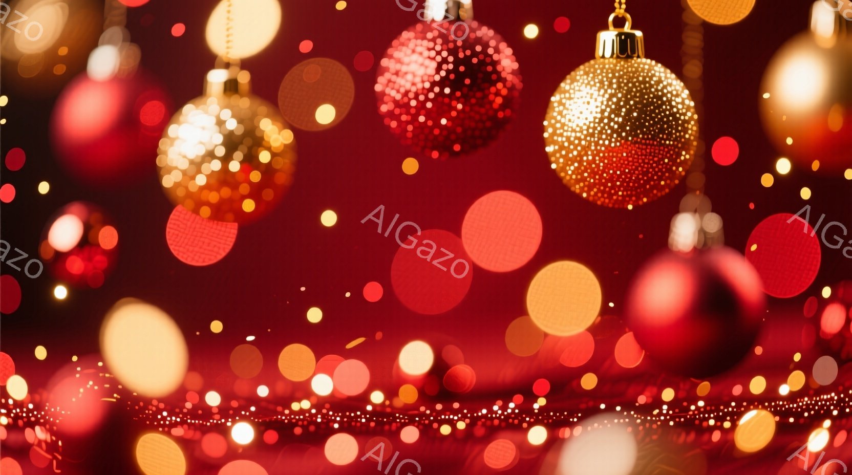 画像全体は、暖色系の光がぼんやりと輝く背景に、複数のクリスマスオーナメントが浮かび上がっています。赤い、金色の、オレンジ色のオーナメントが大小さまざまなサイズで散りばめられ、キラキラとした光の粒子が背景を彩っています。全体的に華やかで、お祝いムードに満ちた雰囲気です。