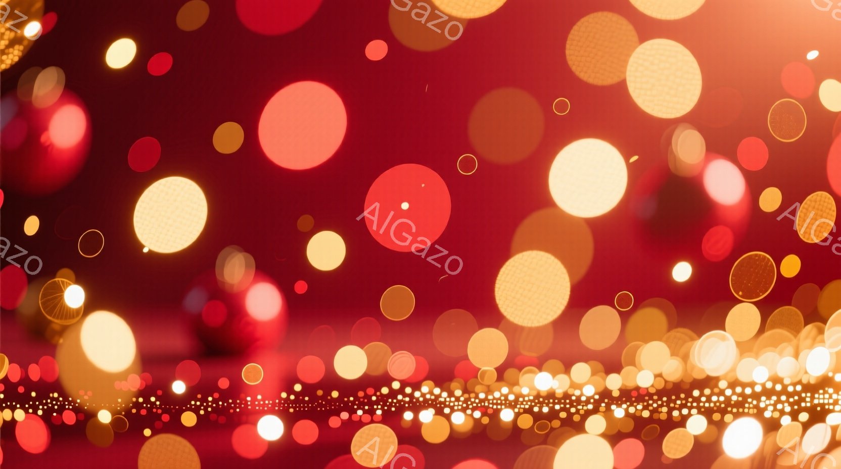 鮮やかな赤色の背景に、様々な大きさのぼやけた光の球体が散りばめられています。光は黄色からオレンジ色を帯びており、まるでパーティーやイベントのキラキラした装飾のようです。全体的に暖かく、夢のような雰囲気 - AI生成フリー素材