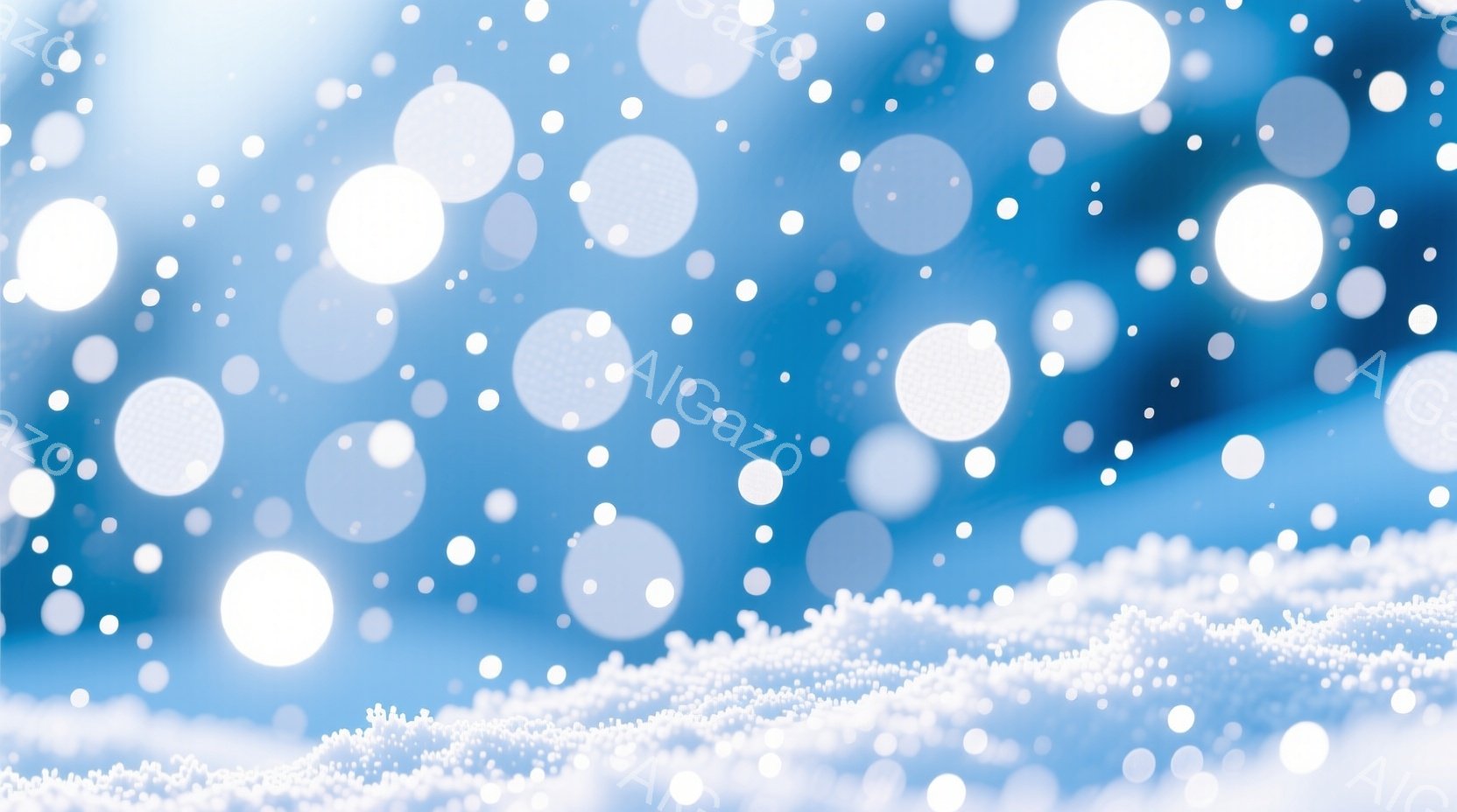 ぼやけた青色の背景に、多くの白い光の粒子が散りばめられています。下部は雪のような白いテクスチャで覆われており、冬の幻想的な雰囲気を醸し出しています。全体的に柔らかく、夢のような印象を与える画像です。 - AI生成フリー素材