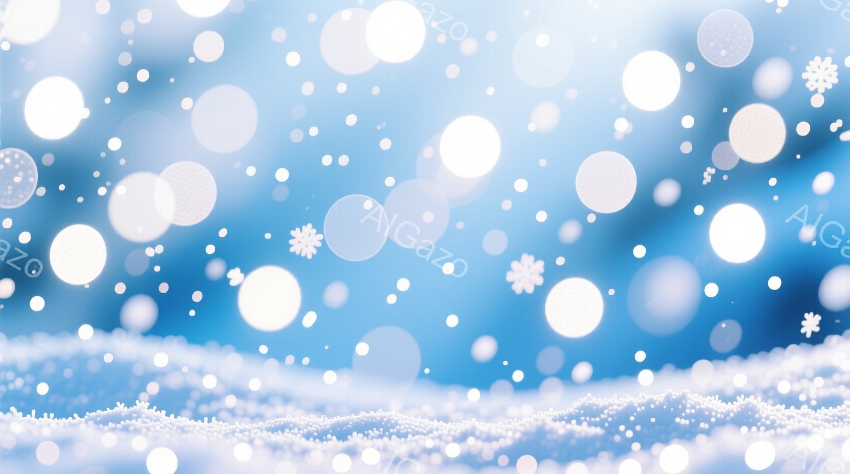 鮮やかな青色の背景に、様々な大きさの白い光の粒子が舞い散っている様子が描かれています。下部には、雪のように見える白い粒子の帯が広がり、全体的に幻想的で冬の雰囲気を醸し出しています。光の粒子はぼやけており、まるで雪が光を反射しているかのような印象を与えます。