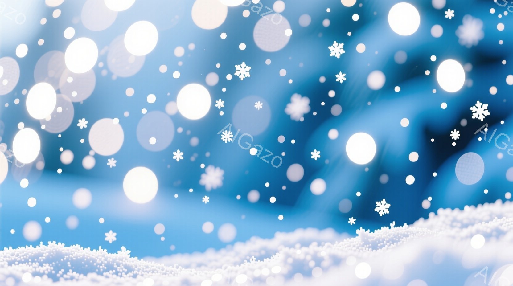 鮮やかな青色の背景に、無数の白い雪片と光の粒子が舞い散っている様子が描かれている。下部には雪で覆われた地表が広がり、冬の幻想的な雰囲気を醸し出している。光の粒子はぼんやりと光を放ち、冷たく美しい冬景色を表現している。
