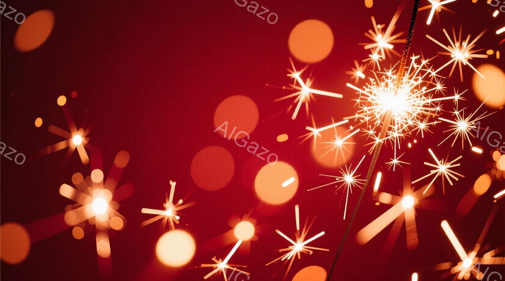 深い赤色の背景に、無数の光の粒子と花火のような光が散りばめられています。光は様々な形と明るさで輝き、まるで夜空の星々や祝祭の瞬間のようです。全体的に、暖かく、夢幻的で、お祝いの雰囲気が漂っています。