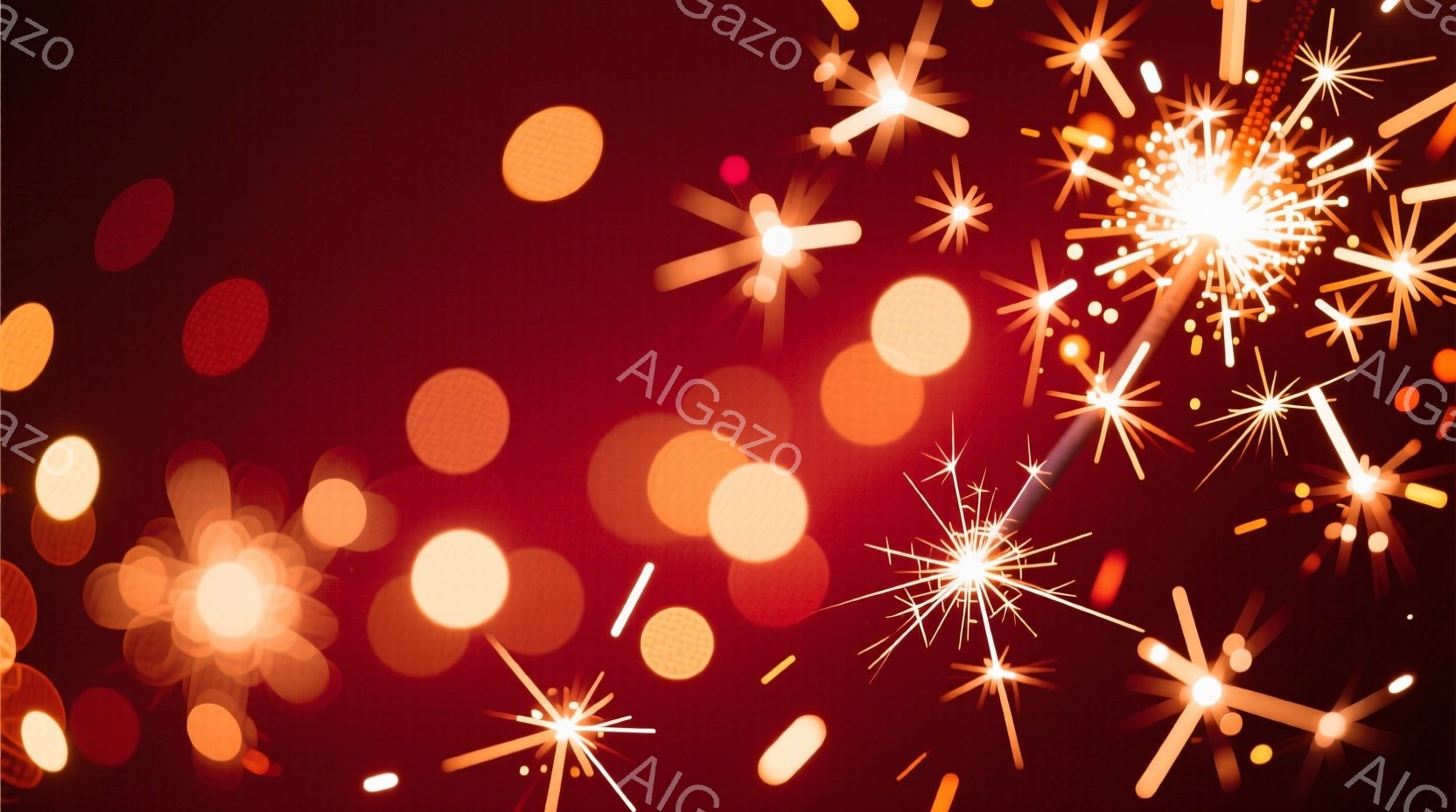 深紅色の背景に、無数の光の粒子と、細長い光の筋が舞い散っている様子が描かれている。光の粒子はぼやけた丸や楕円形をしており、光の筋は星のように細かく輝いている。全体的に幻想的で、お祝いや特別なイベントを連想させる、華やかな雰囲気である。