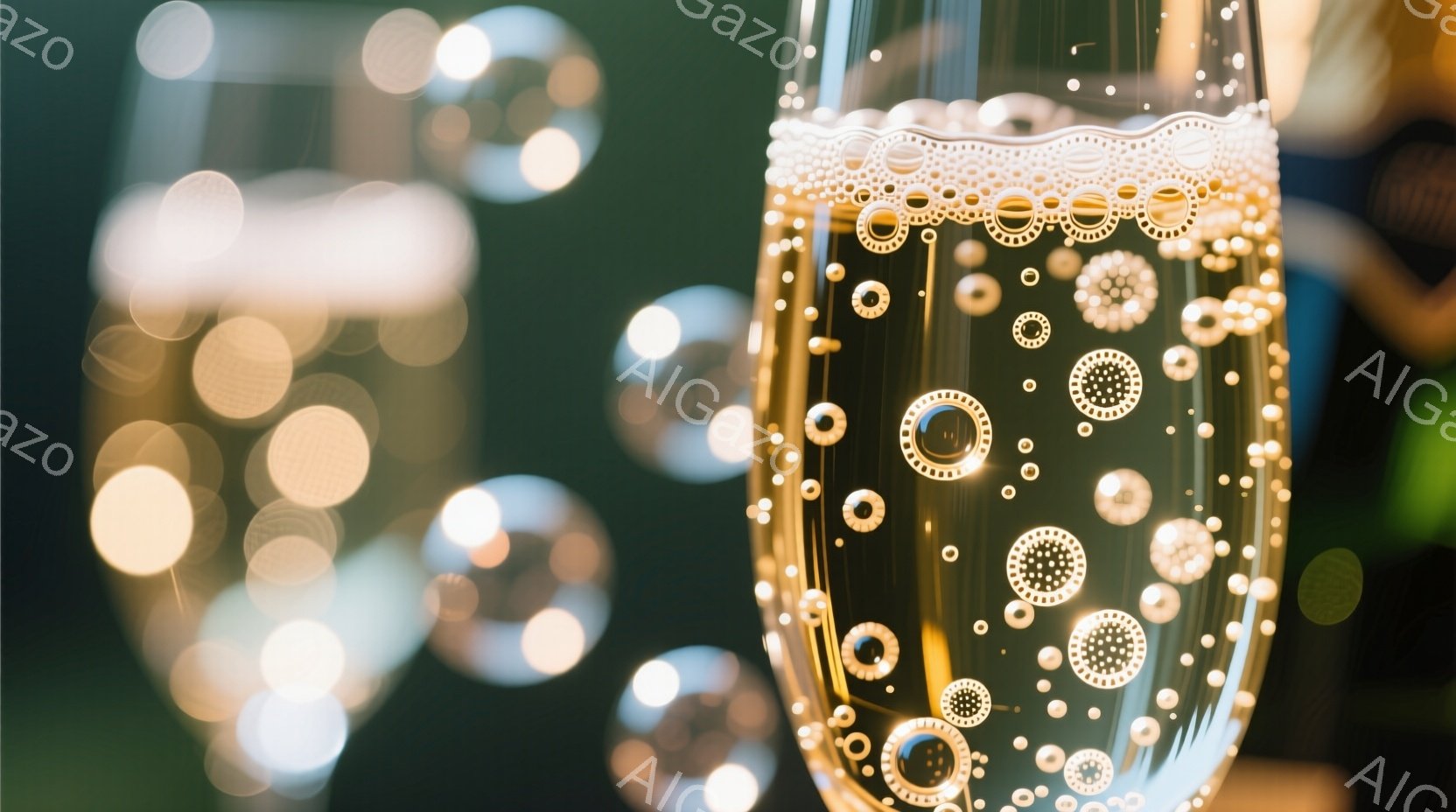 シャンパンまたはスパークリングワインが満たされたグラスが焦点となっており、グラスの中には多数の小さな泡が立ち上っているのが見える。背景にはぼやけた光点があり、パーティーや祝賀会の雰囲気を醸し出している。全体的に暖かく、華やかな印象を与える写真である。