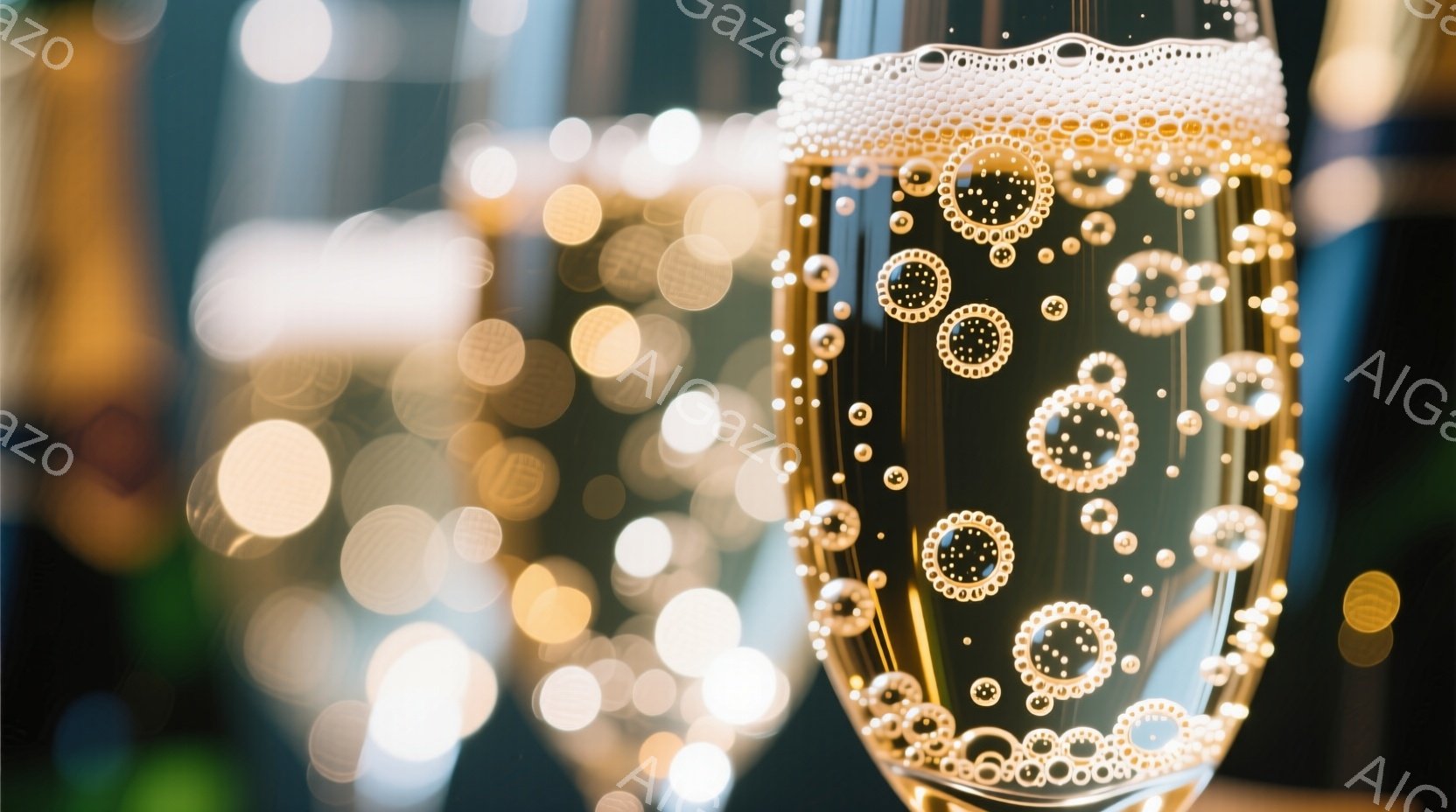 輝くシャンパンがグラスの中で泡立ち、金色の光が溢れている。背景はぼやけた光のぼかしで、お祝いや華やかなパーティーの雰囲気を醸し出している。グラスの泡が、喜びや希望に満ちた特別な瞬間を連想させる。 - AI生成フリー素材