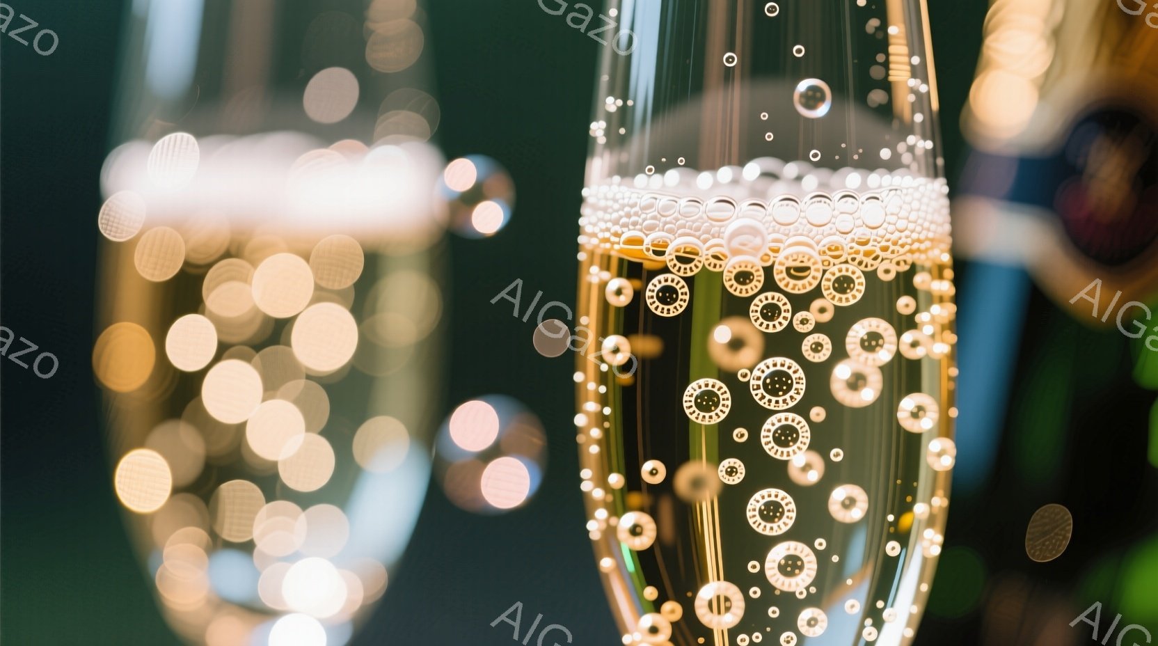 ぼやけた背景に、シャンパンが注がれたグラスが二つ写っている。グラスの中には細かい泡が立ち上り、液体は淡い金色に輝いている。背景には、ぼやけた人影と、金色の光が散りばめられ、お祝いや華やかなパーティーの雰囲気が漂っている。