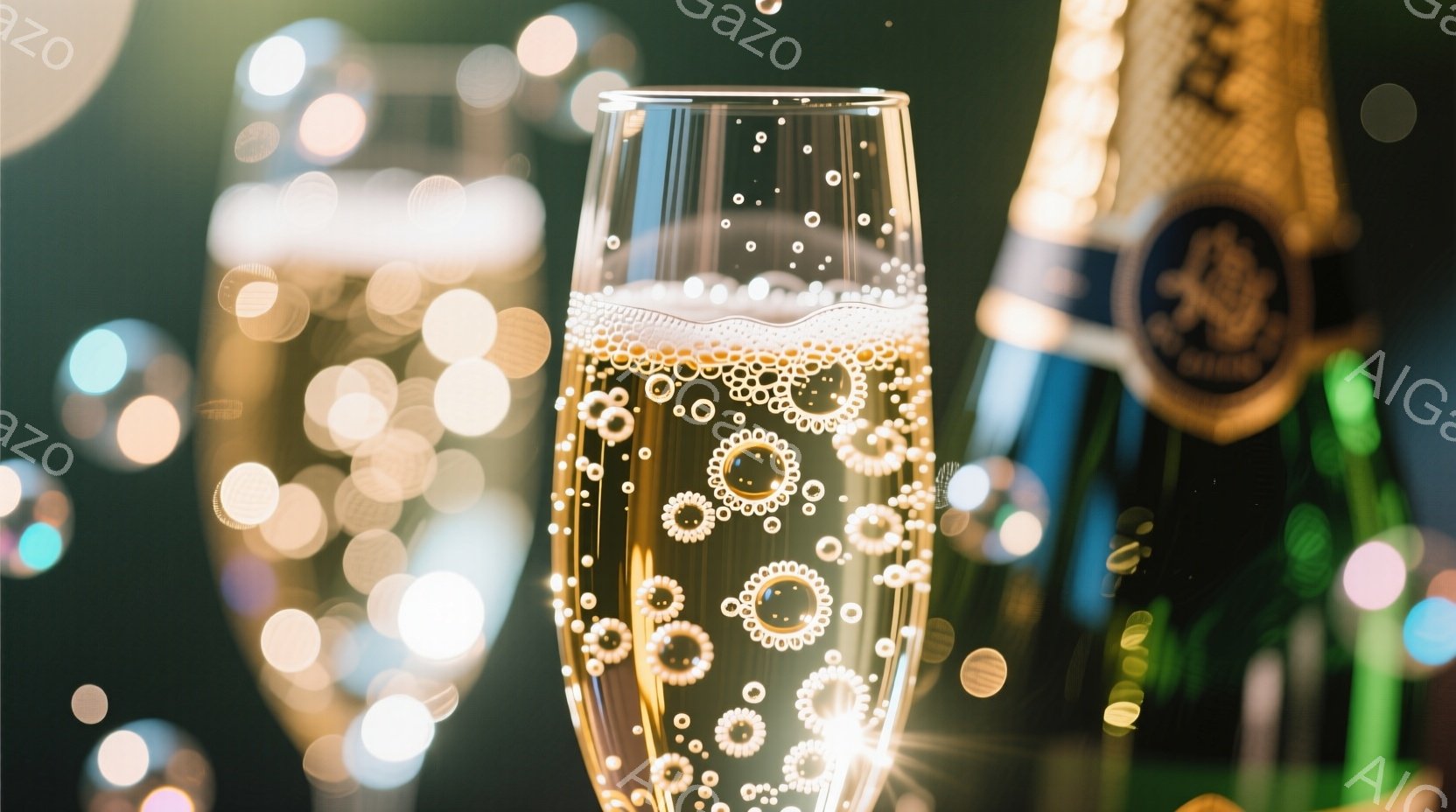 シャンパンがグラスの中で泡立ち、黄金色の液体が輝いている様子が捉えられています。背景にはぼやけた光の粒子があり、華やかで祝祭的な雰囲気を醸し出しています。グラスの隣にはシャンパンボトルがわずかに見え、高級感と特別感を演出しています。