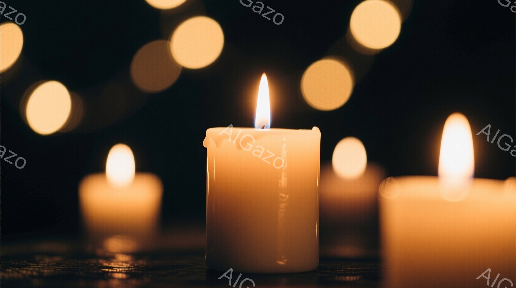 白いキャンドルが数本、暗い背景の中で静かに灯っている。キャンドルの炎は暖かく、ぼんやりとした光で周囲を照らし、落ち着いた雰囲気を作り出している。背景にはぼやけた光の円が散りばめられ、幻想的で穏やかな印 - AI生成フリー素材