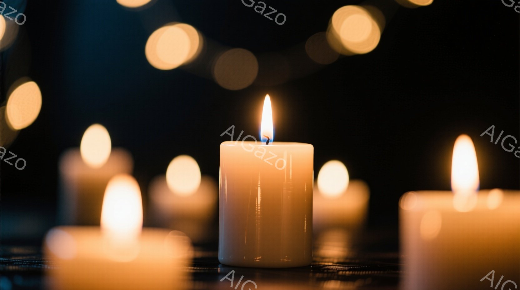 白いキャンドルが複数、暗い背景の中で光を放っている。ぼやけた光の球が背景に散りばめられ、温かく穏やかな雰囲気を醸し出している。キャンドルの炎は明るく、静寂の中に希望の光を灯しているようだ。 - AI生成フリー素材