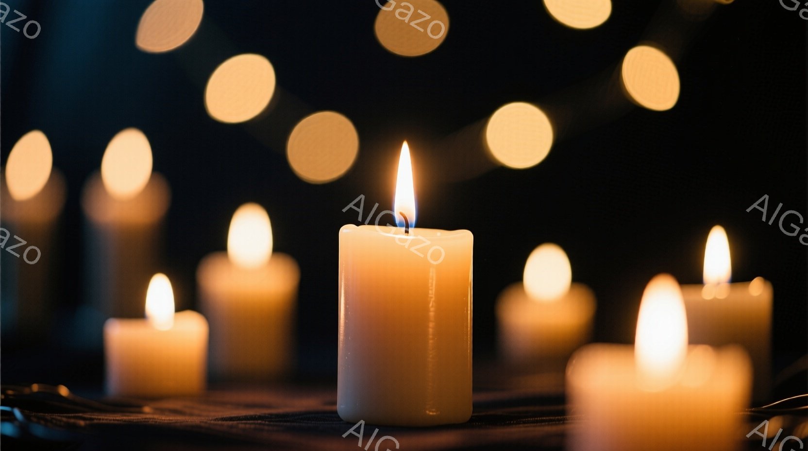 画像は、暗い背景に無数のキャンドルが並べられている様子を捉えている。キャンドルの炎は暖かく、ぼんやりと光を放ち、周囲の暗闇とコントラストをなしている。全体的に、静かで瞑想的な、あるいは追悼の雰囲気を醸し出している。