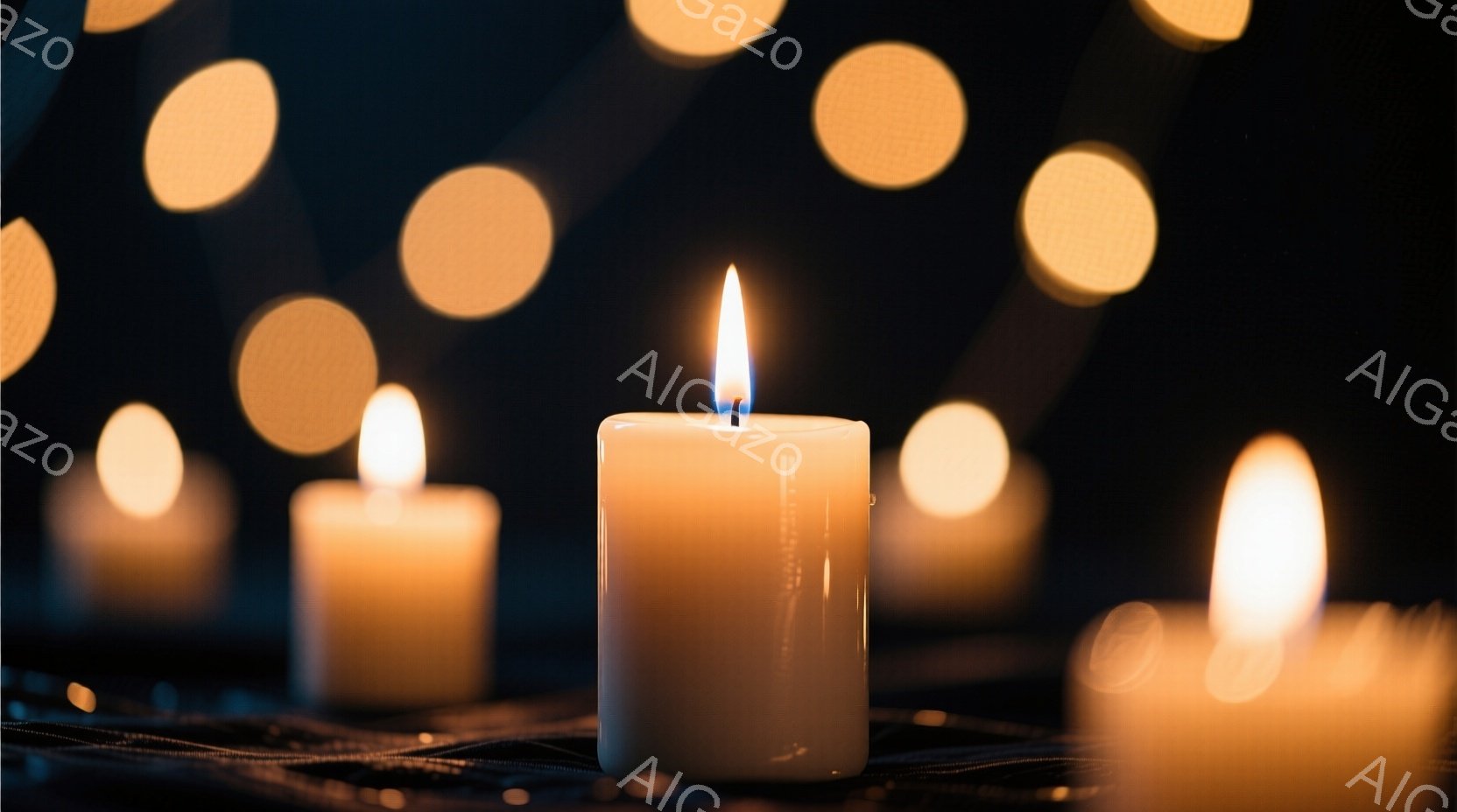 複数の白い柱状のキャンドルが、暗い背景の中でぼんやりと光を放っている。キャンドルの炎は明るく揺らめき、背景にはぼやけた光の円が散りばめられている。全体的に、静かで落ち着いた、瞑想的な雰囲気を醸し出して - AI生成フリー素材