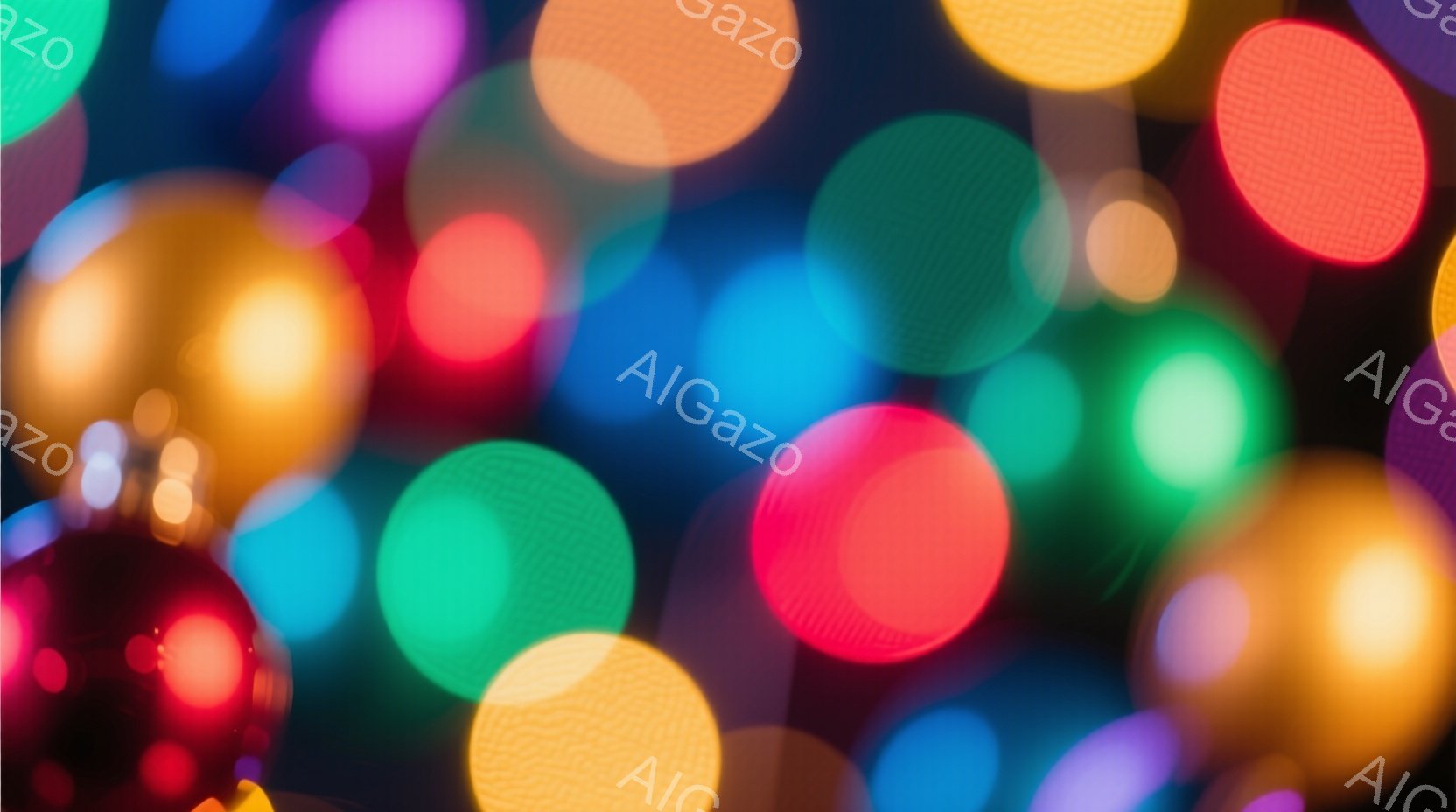 ぼやけた背景には、赤、緑、オレンジ、紫、青など、さまざまな色の丸い光が散りばめられています。光はぼやけており、まるでクリスマスツリーのイルミネーションやパーティー会場のようであり、華やかで幻想的な雰囲 - AI生成フリー素材