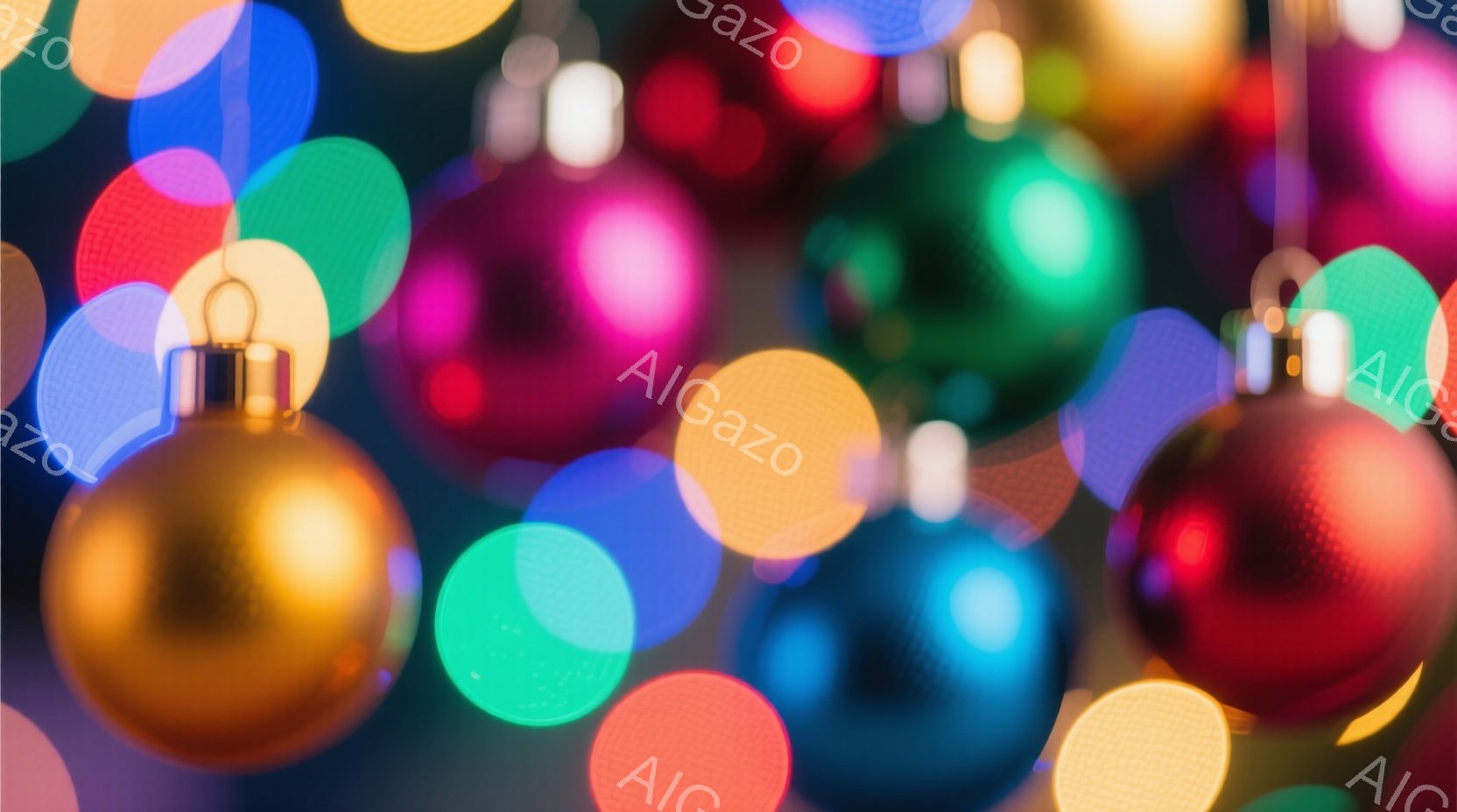 ぼやけた背景に、様々な色のクリスマスオーナメントが散りばめられています。金、赤、緑、青、オレンジなど、鮮やかな色が混ざり合い、お祝いムードを演出しています。光の玉が重なり合い、幻想的な雰囲気を醸し出しています。