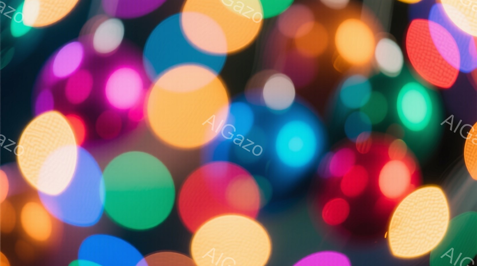 画像は、ぼやけた色の光の円が多数重なり合って構成されており、鮮やかなオレンジ、ピンク、水色、緑などが混ざり合っている。背景は暗く、光がぼやけているため、具体的な場所や状況は不明だが、お祭りやイベントの - AI生成フリー素材