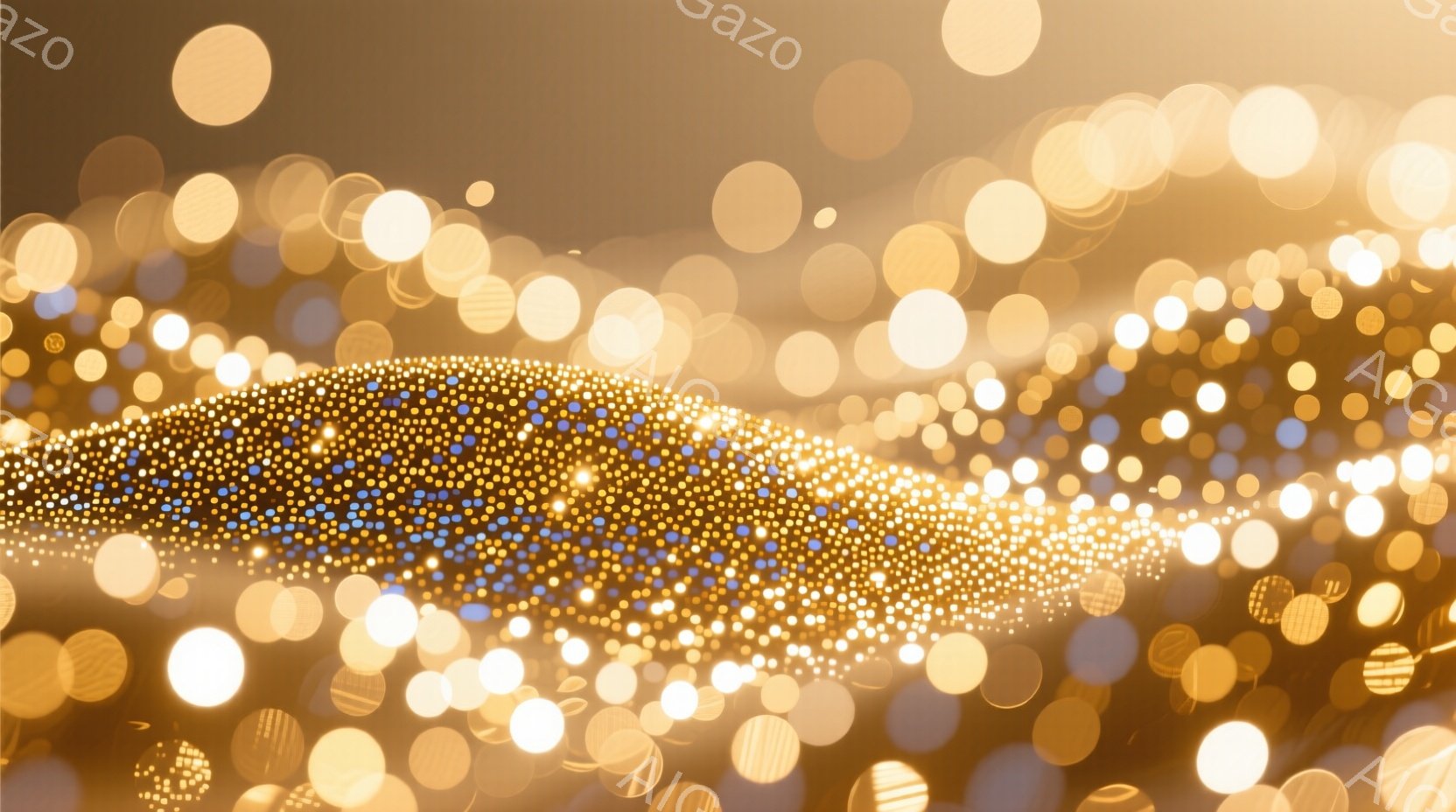 画像は、ぼやけた黄金色の光点と、わずかに青みがかった光点で構成された抽象的な表現です。光点たちはまるで星空のように広がり、中央に密集して光の塊を形作り、全体的に夢幻的で幻想的な雰囲気を醸し出しています。焦点がぼやけているため、具体的な被写体や構図は不明瞭ですが、暖かくきらびやかな光が印象的です。