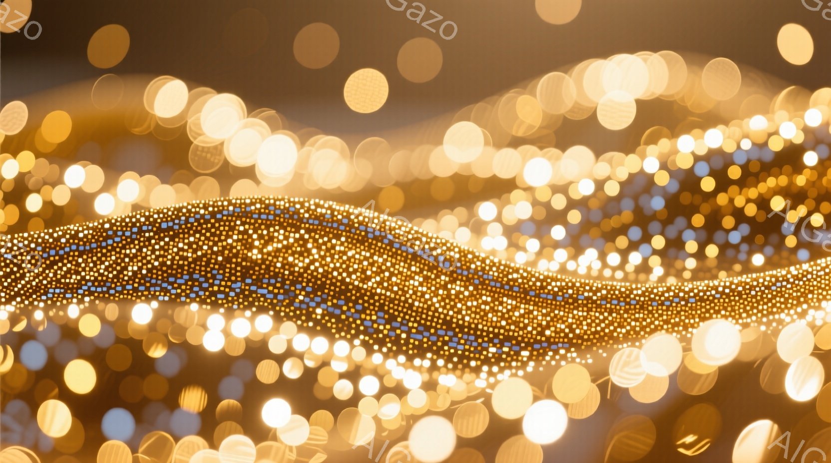 この画像は、無数の光の粒子が渦を巻く抽象的な光景を描いています。黄金色と白のぼやけた光点が、まるで星空やきらめく水面のように広がり、幻想的な雰囲気を醸し出しています。光の帯が曲線的に広がり、見る者を幻想的な空間へと誘います。