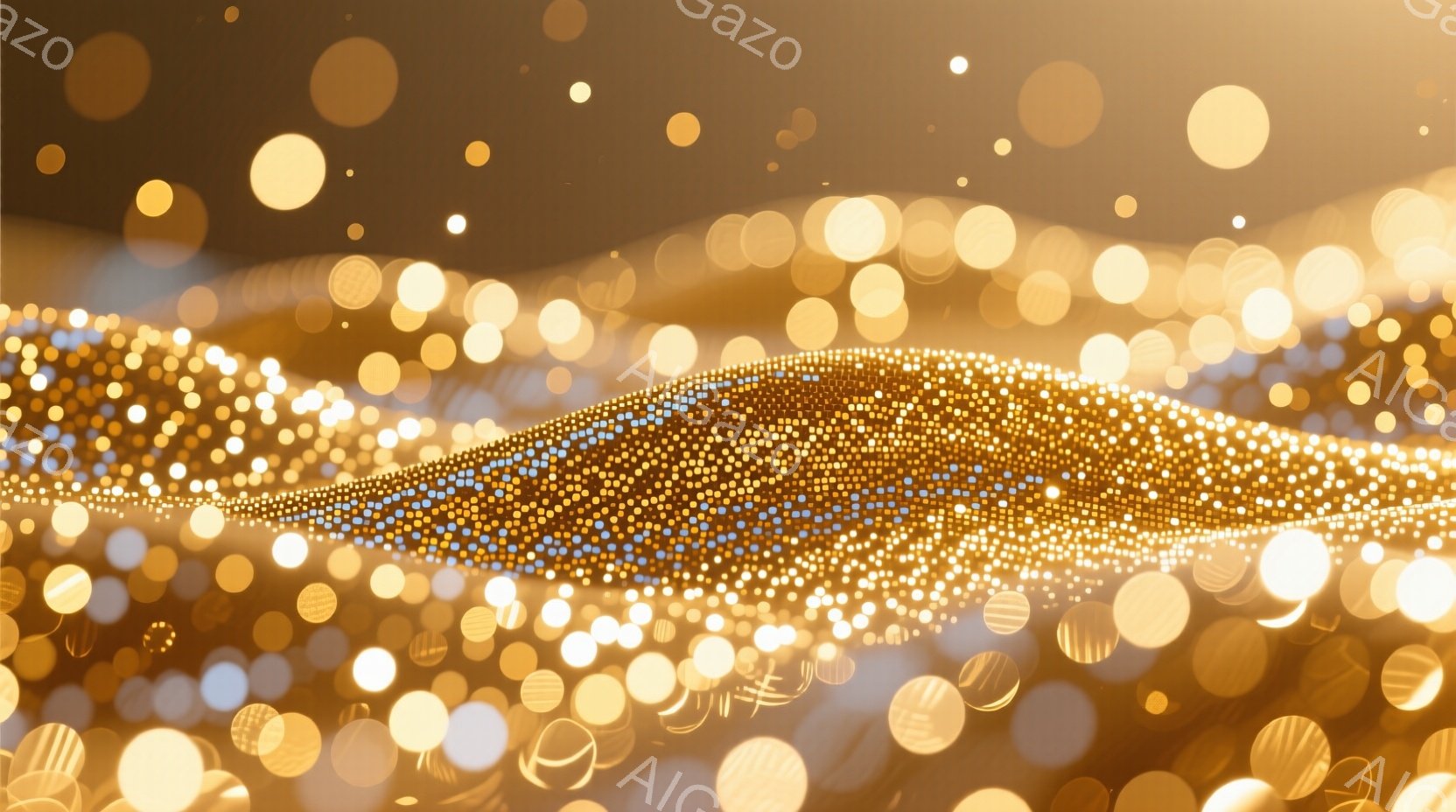 金色の輝く光点と粒子が広がる抽象的な画像です。中心には、金色の粒子が集まってうねる帯のような形が見られ、その周囲に様々な大きさの光点が散らばっています。全体的に暖かく幻想的な雰囲気を持ち、まるで星空やきらめく水の表面を想起させます。
