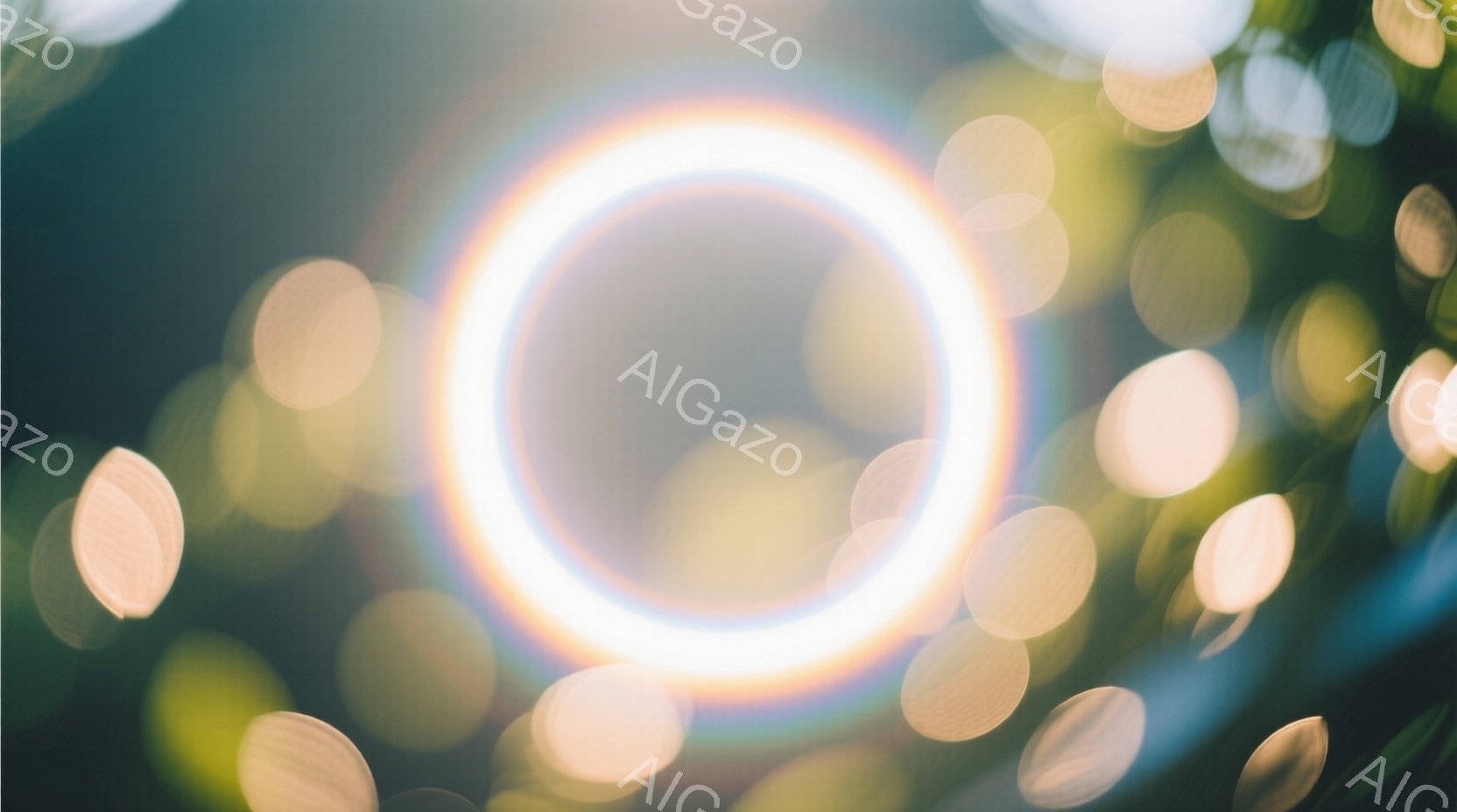 画像は、ぼやけた背景に明るいリング状の光が特徴的です。光は白と虹色のスペクトルを含み、まるでレンズフレアのように見えます。周囲には、不鮮明な緑色のぼかしがあり、自然の中で撮影されたことを示唆しています。