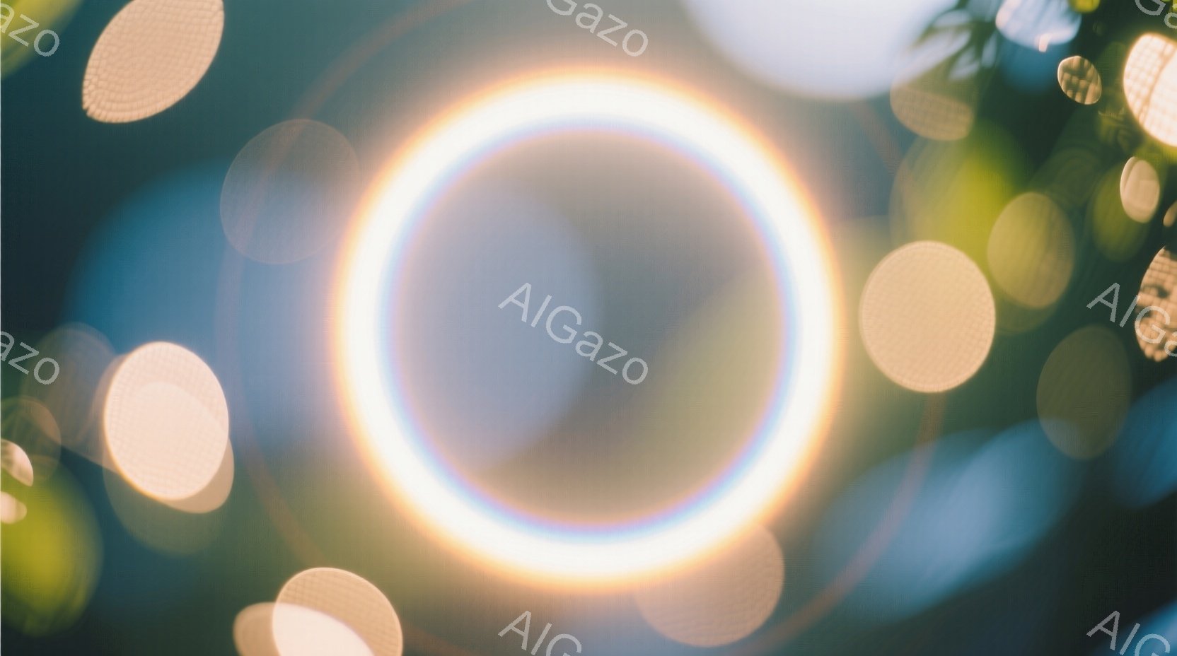 この画像は、ぼやけた光の円が中心にある抽象的な表現です。背景には緑色の葉や光の斑点が散りばめられ、夢のような、あるいは幻想的な雰囲気を醸し出しています。全体的に柔らかい色調で、穏やかさと静けさを感じさ - AI生成フリー素材