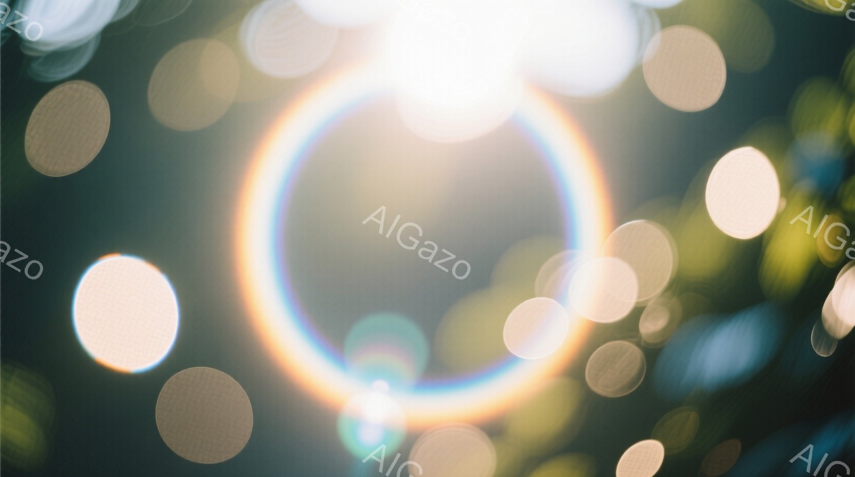 画像は、ぼやけた光のフレアと背景の緑の葉が特徴です。円形の光のフレアが中心にあり、周囲には小さな光の円が散らばって、幻想的な雰囲気を醸し出しています。全体的に柔らかい光が優しく包み込み、夢のような感覚を与えます。