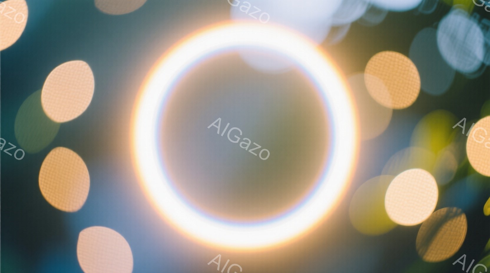 ぼやけた背景にリングライトが大きく写っており、周囲には円形の光のぼかしが散りばめられています。人物や具体的な背景は不明瞭ですが、暖かく幻想的な雰囲気が漂っています。光の強さから、夜間または薄暗い場所で撮影された写真であると考えられます。